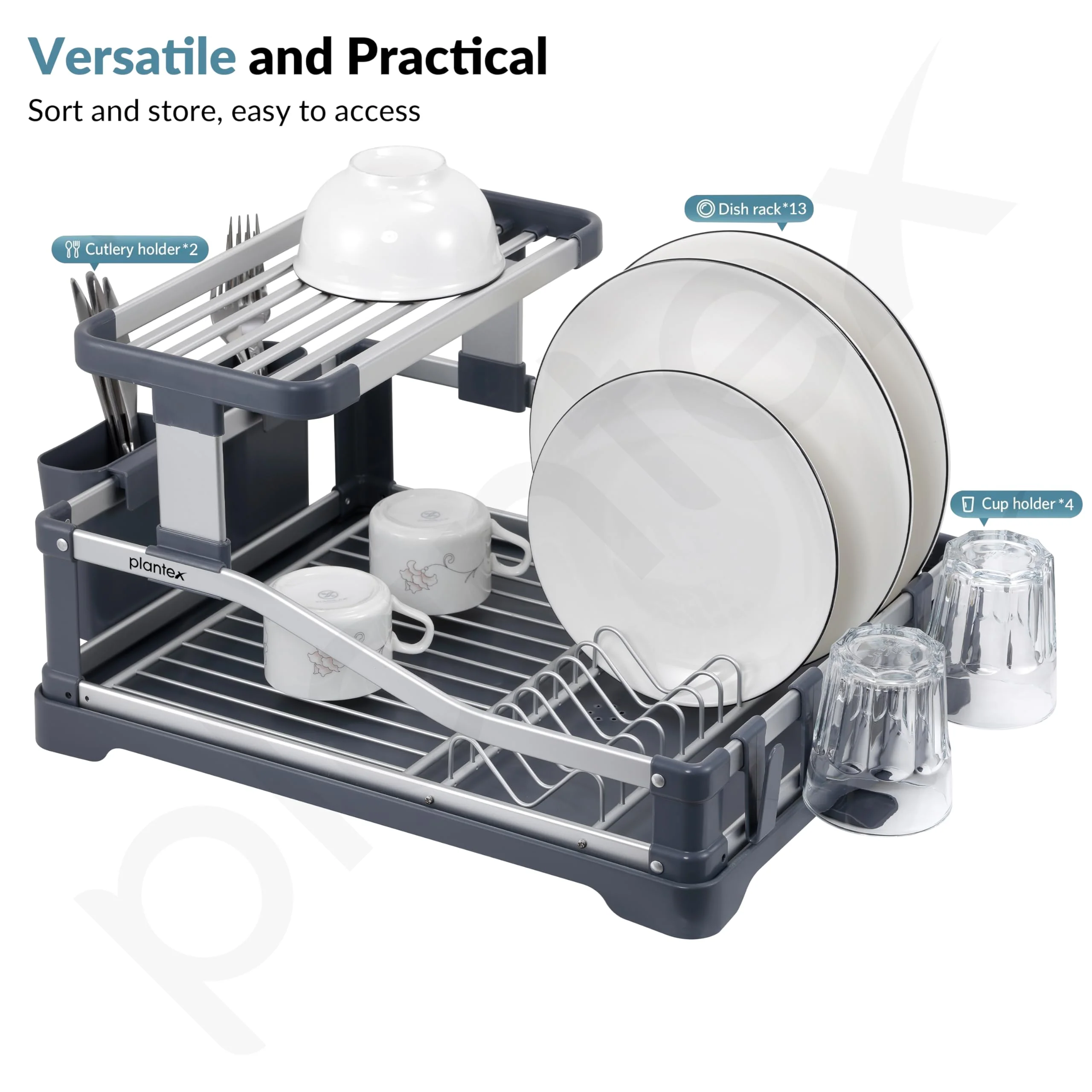 Plantex Kitchen Storage Rack/Aluminium Fold Flat Dish Drying Rack/2-Tier with Drainboard/Kitchen Organiser Rack - (Silver & Grey) - Image 4