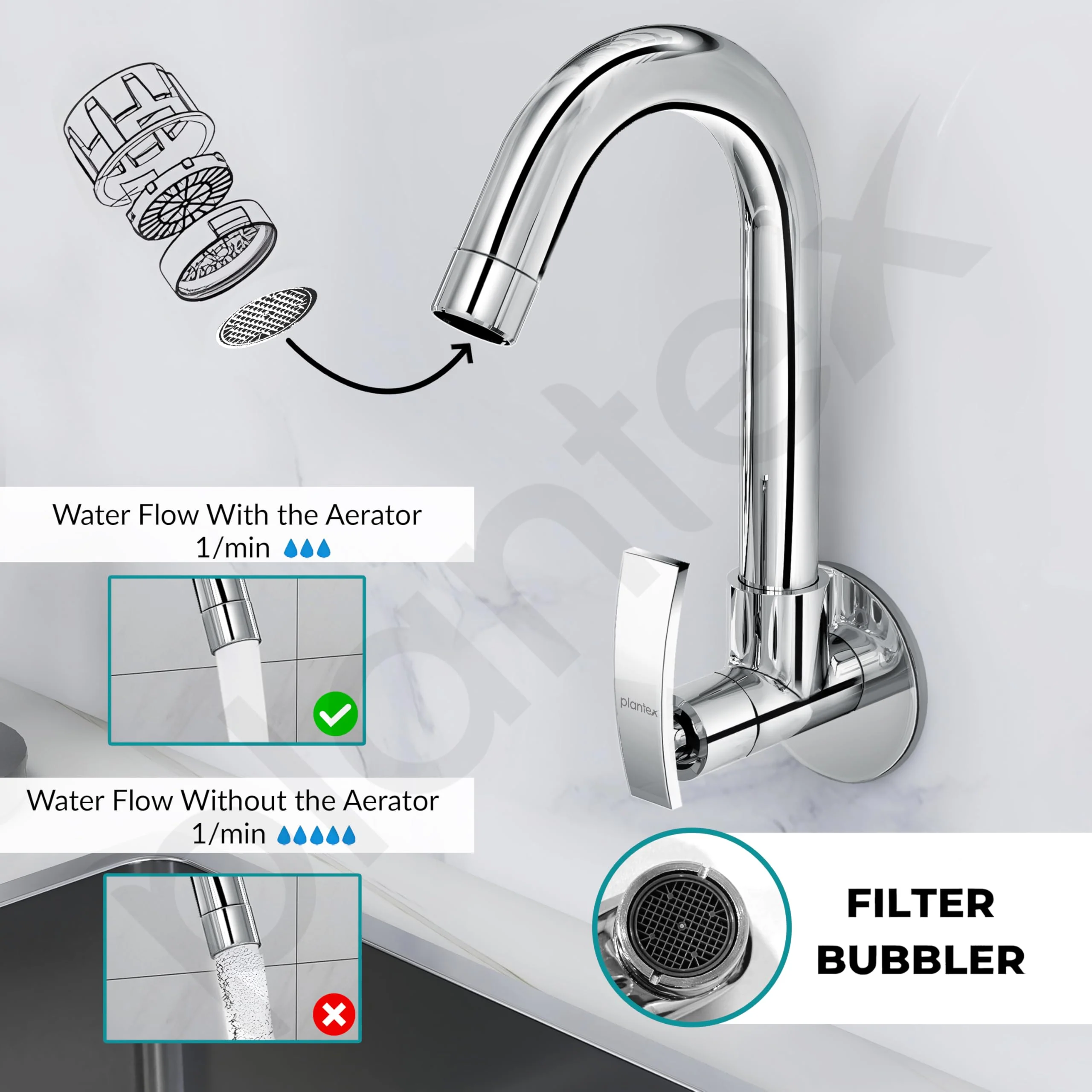 Plantex Kitchen Taps for Home Sink with Water Saving Aerator for Kitchen Tap/360ยฐ Swivel Spout Kitchen Sink Tap with Brass Wall Flange -(ZUR-1507-Chrome) - Image 5