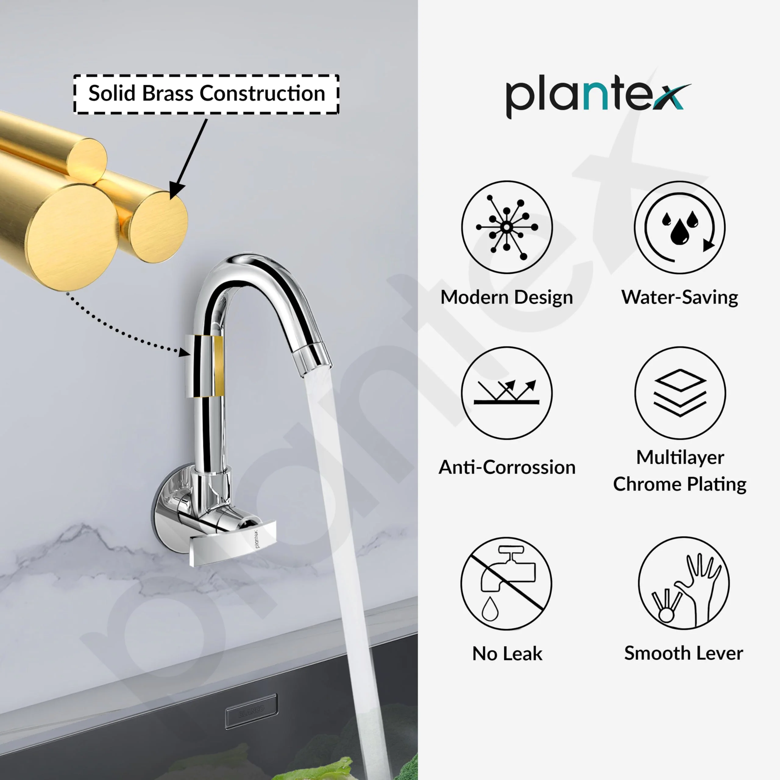 Plantex Kitchen Taps for Home Sink with Water Saving Aerator for Kitchen Tap/360ยฐ Swivel Spout Kitchen Sink Tap with Brass Wall Flange -(ZUR-1507-Chrome) - Image 6