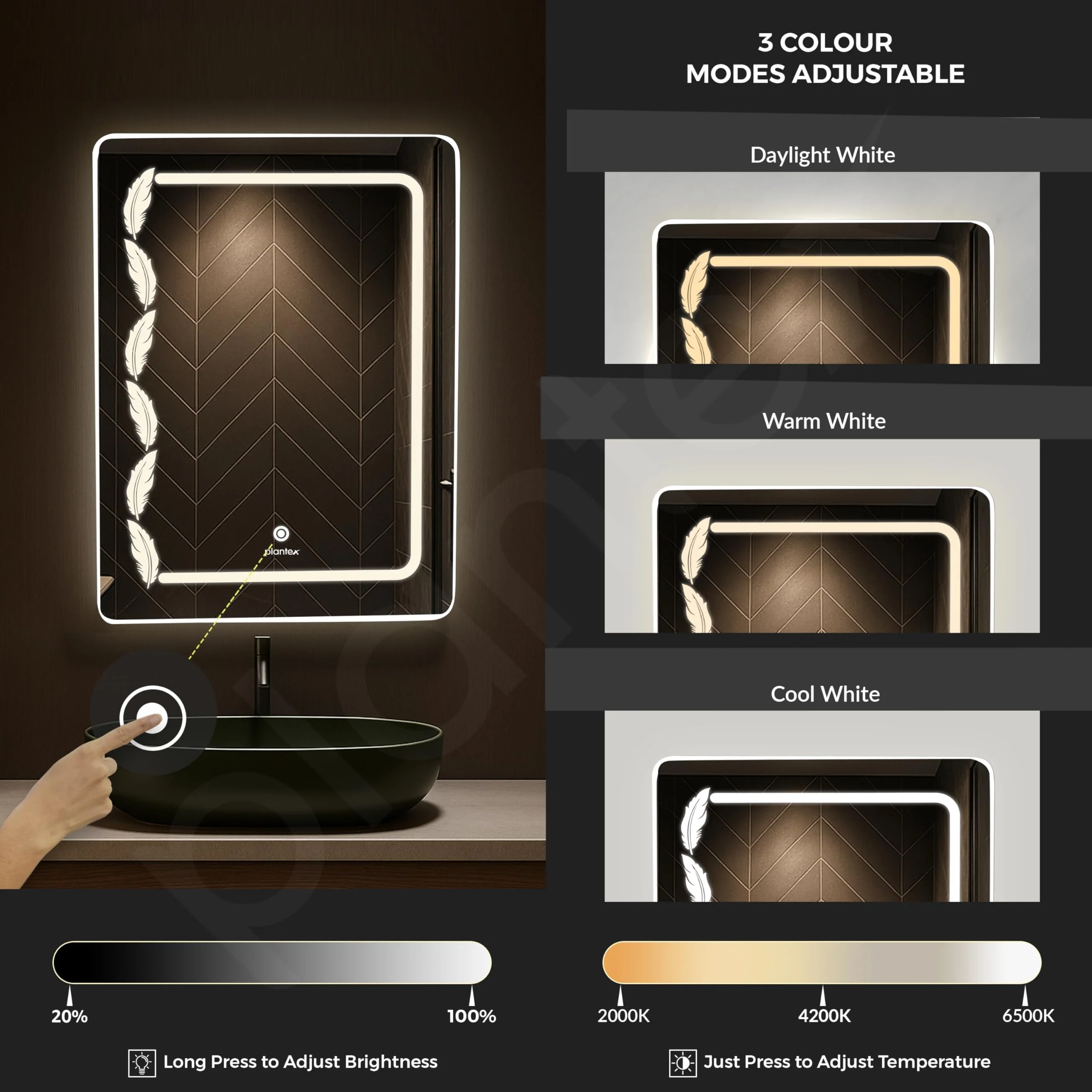 Plantex LED Bathroom Mirror with 3 Tone/Designer Mirror for Living Room/Bedroom/Dressing Room - Rectangle Shape (18 X 24 Inch) - Image 3