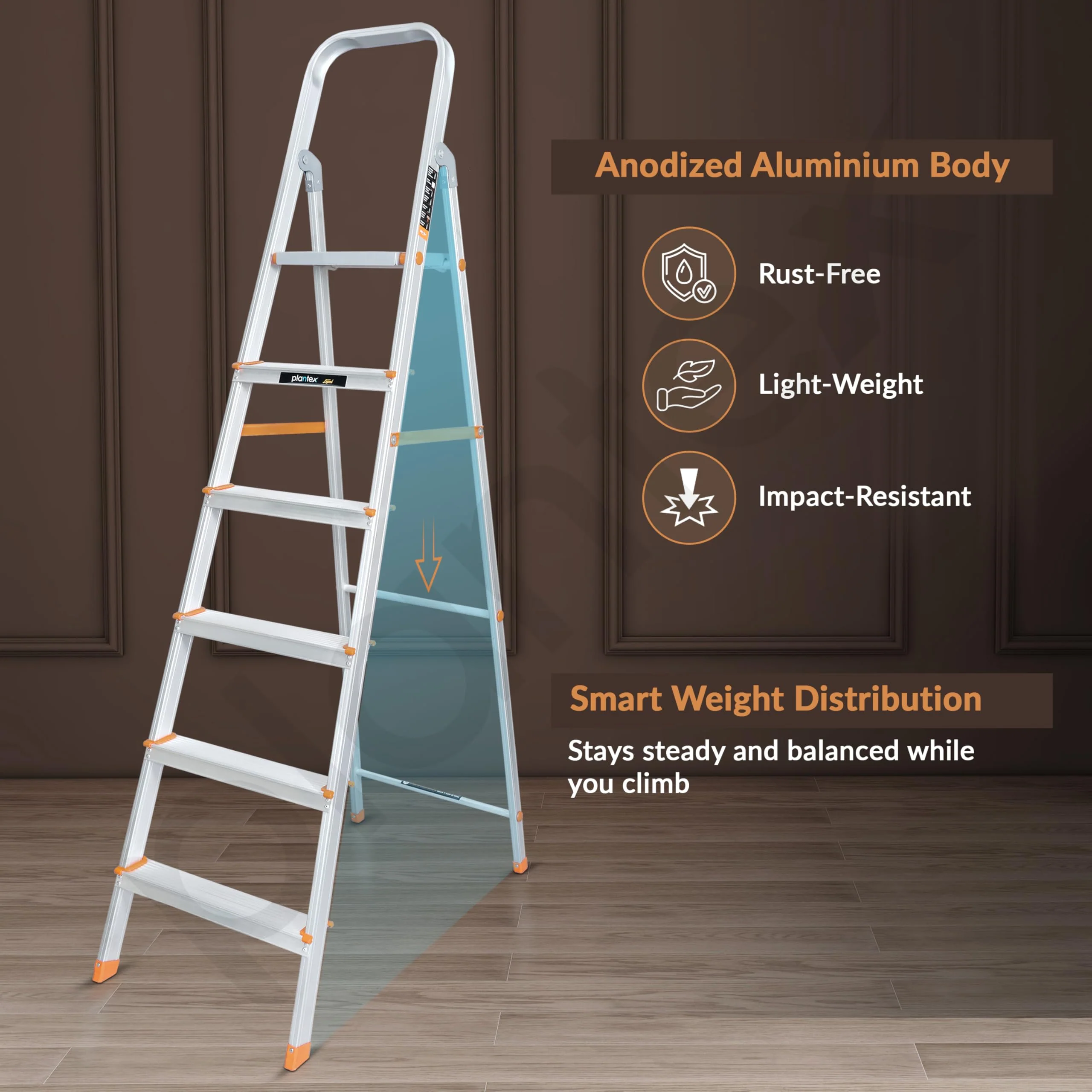 Plantex Legend 6 Step Aluminium Ladder for Home/Wide Anti-Skid Steps/Capacity Upto 150 kg/5 Year Manufacturer Warranty (Orange-Silver) - Image 5
