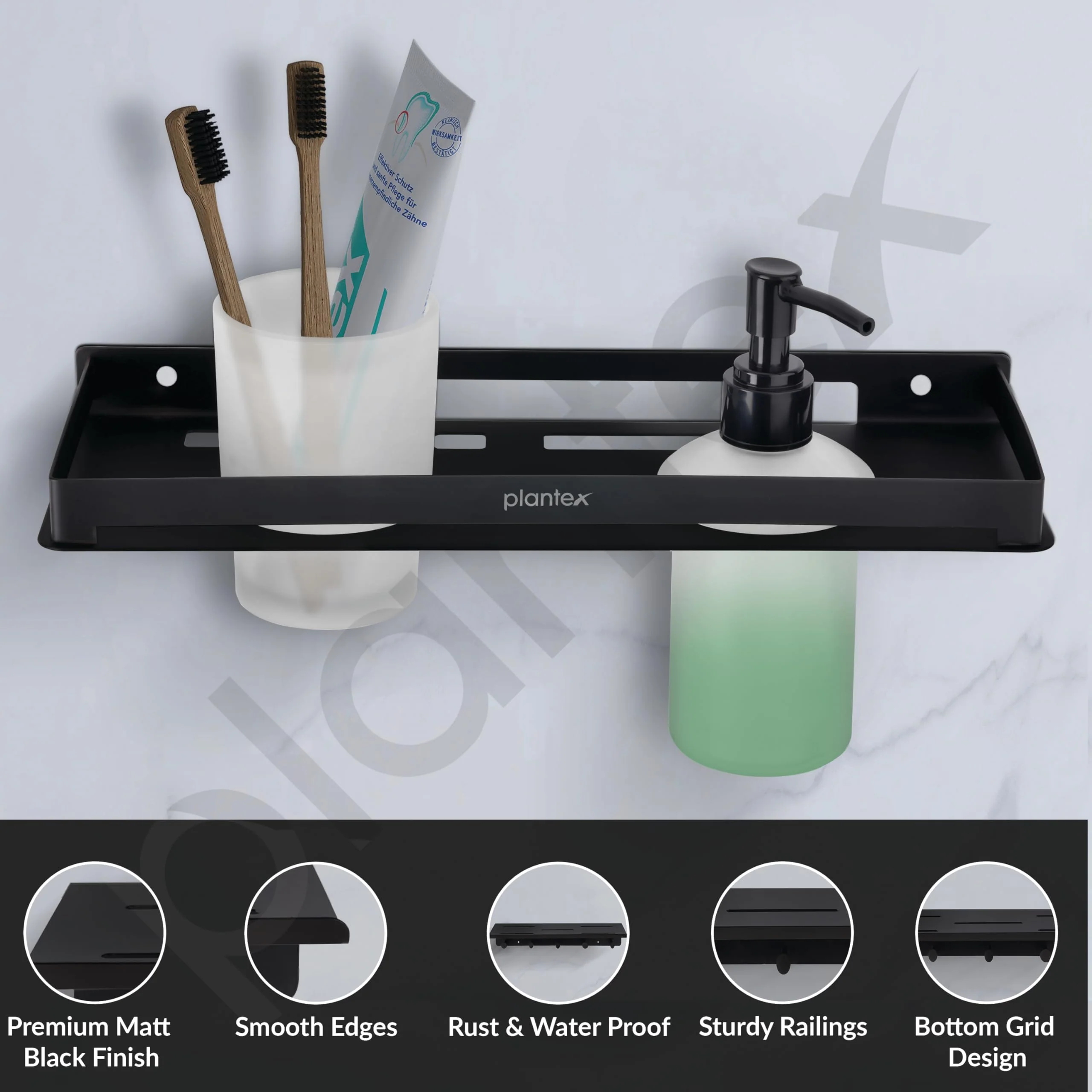 Plantex Liquid Soap Dispenser with Tumbler Holder for Bathroom/Stainless Steel 2 in 1 Shampoo Dispenser with Toothpaste Holder/Bathroom Accessories - Pack of 1 (Black) - Image 4