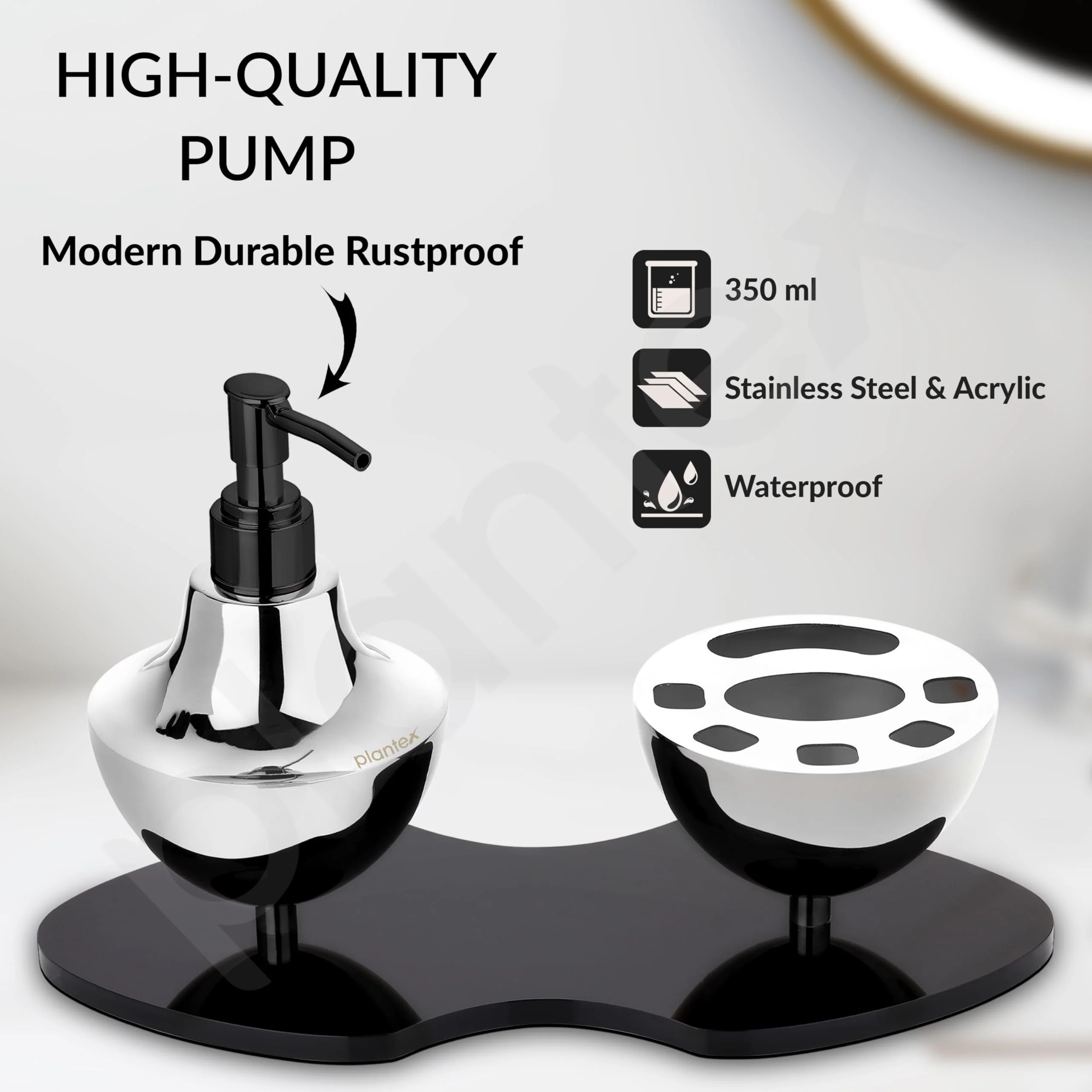 Plantex Liquid Soap Dispenser with Tumbler Holder for Bathroom/Stainless Steel and Acrylic 2 in 1 Shampoo Dispenser with Toothpaste Holder/Bathroom Accessories - Pack of 1 (Chrome & Black) - Image 2
