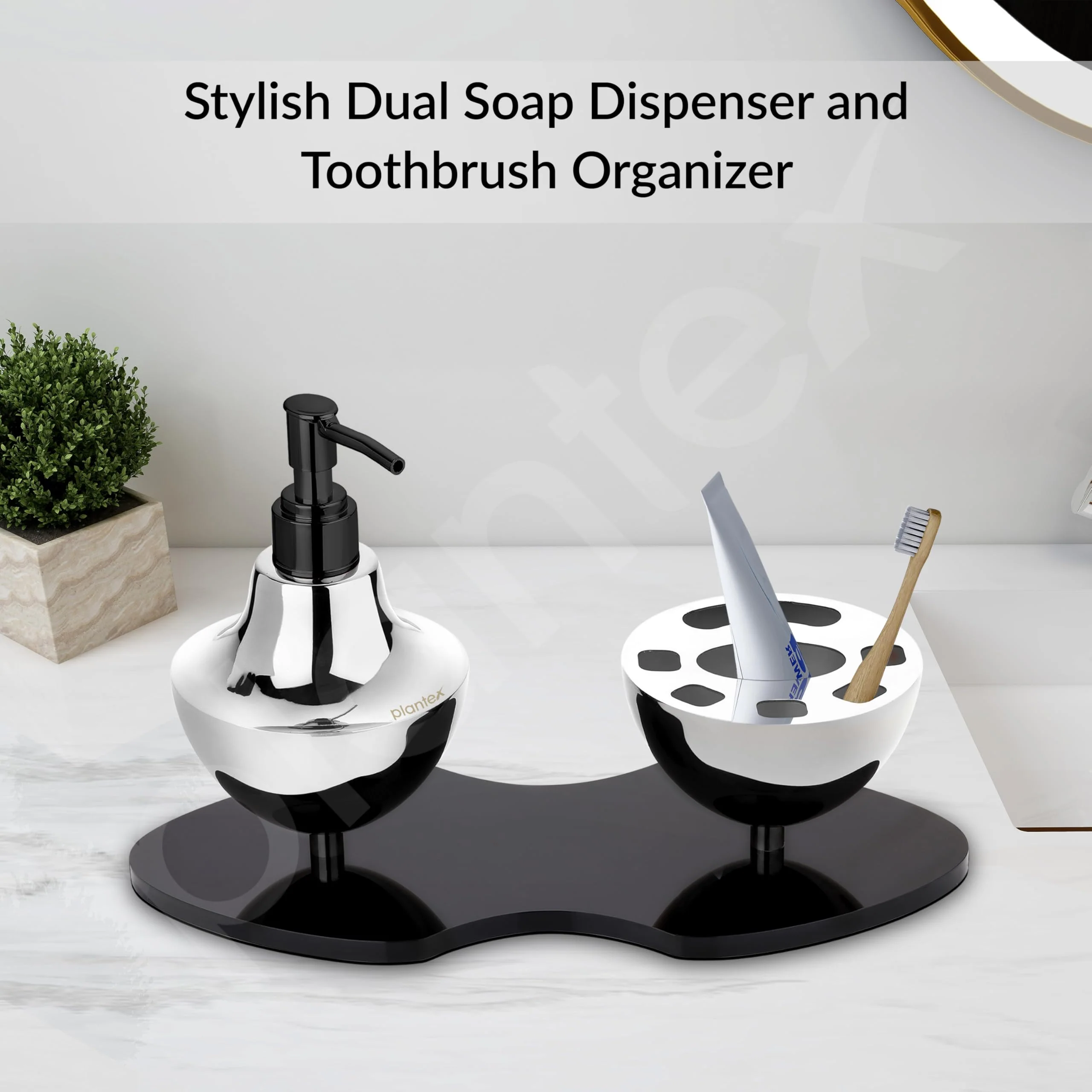 Plantex Liquid Soap Dispenser with Tumbler Holder for Bathroom/Stainless Steel and Acrylic 2 in 1 Shampoo Dispenser with Toothpaste Holder/Bathroom Accessories - Pack of 1 (Chrome & Black) - Image 6