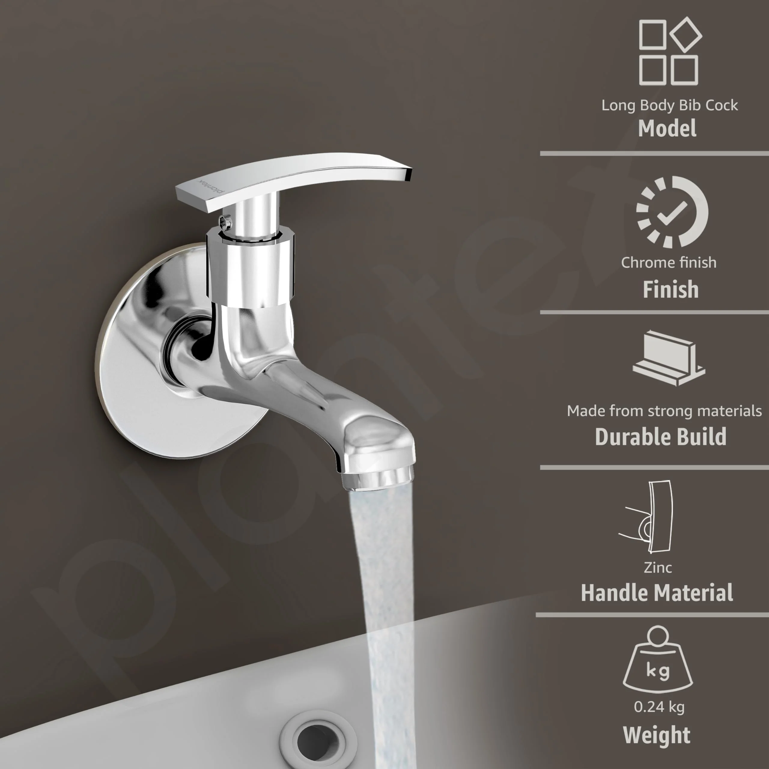 Plantex Long Body Bib Cock for Bathroom with Water Saving Aerator/Wall Mount BibTap with Wall Flange and Teflon Tape for Bathroom (Samar-1262-Chrome Finish) - Image 2