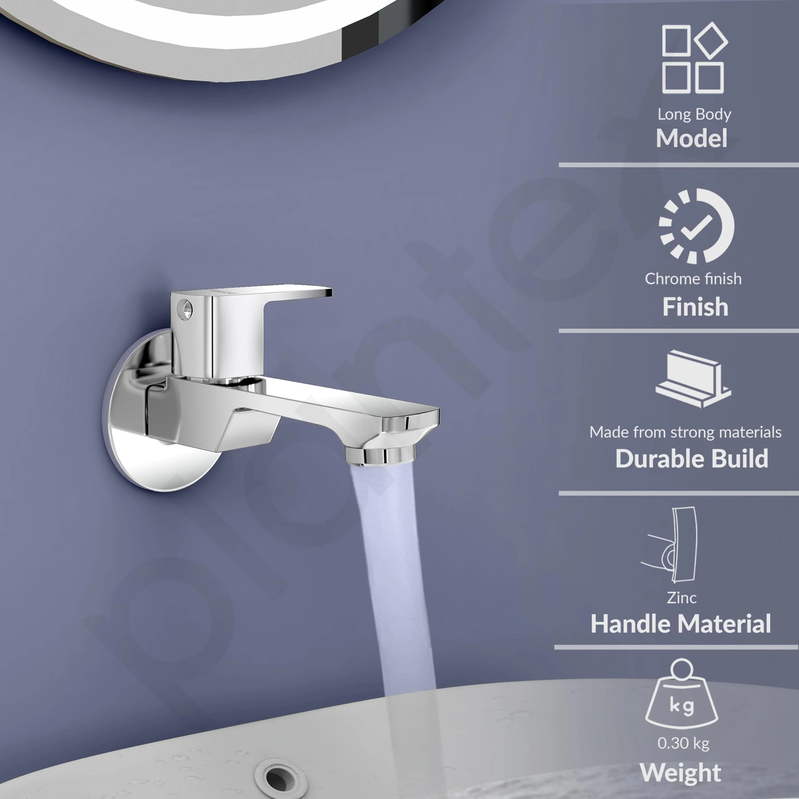 Plantex Long Body Bib Cock Water Tap with Water Saving Nozzle for Kitchen Tap and Brass Spindle/Bib Tap with Wall Flange and Teflon Tape for Bathroom - Pack of 2 (SAGA-1292-Chrome) - Image 2