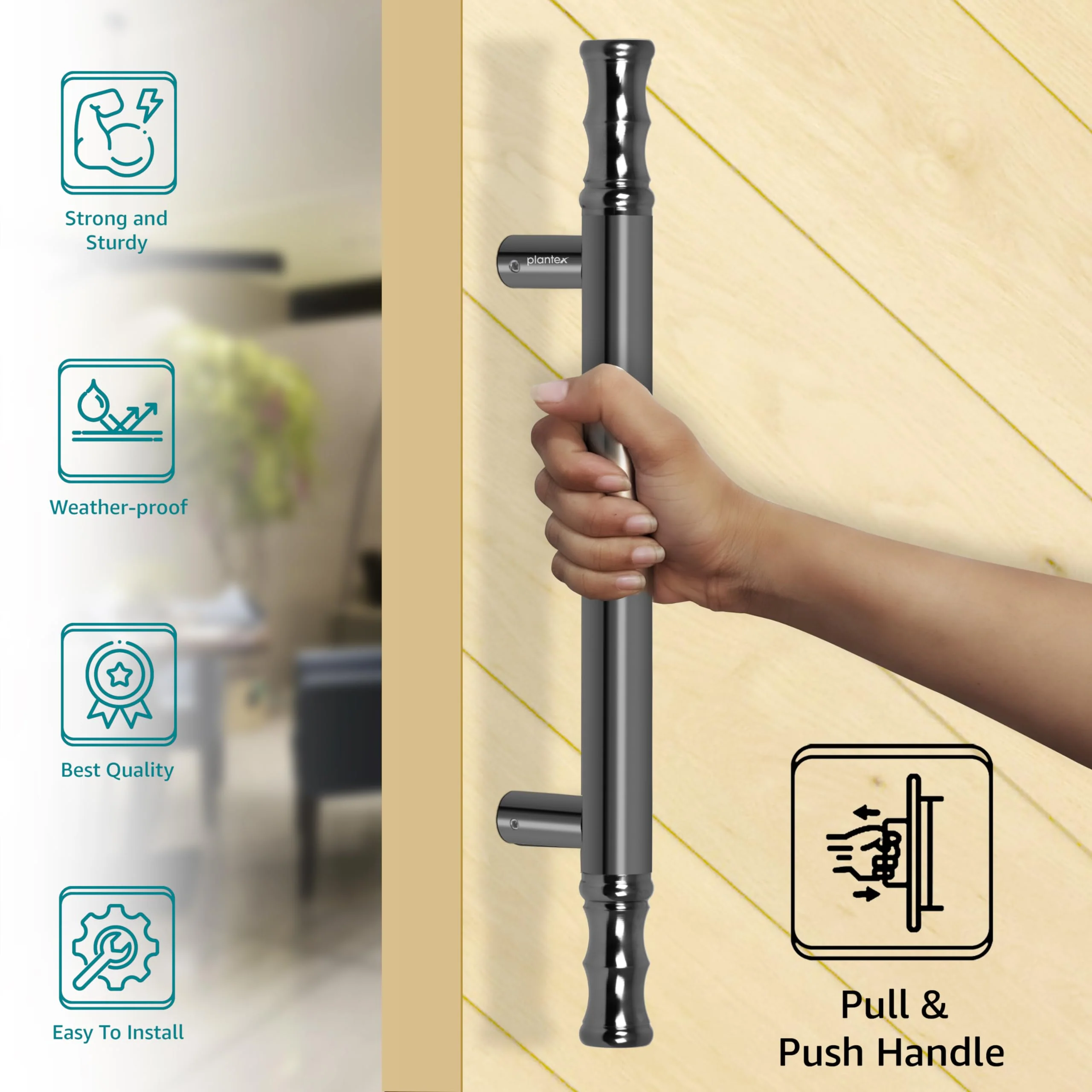 Plantex Main Door Handle - Pull/Push Handle for Wooden & Glass Door - 14 Inch - Gray Glossy - Stainless Steel - 3 Years Warranty - Image 3