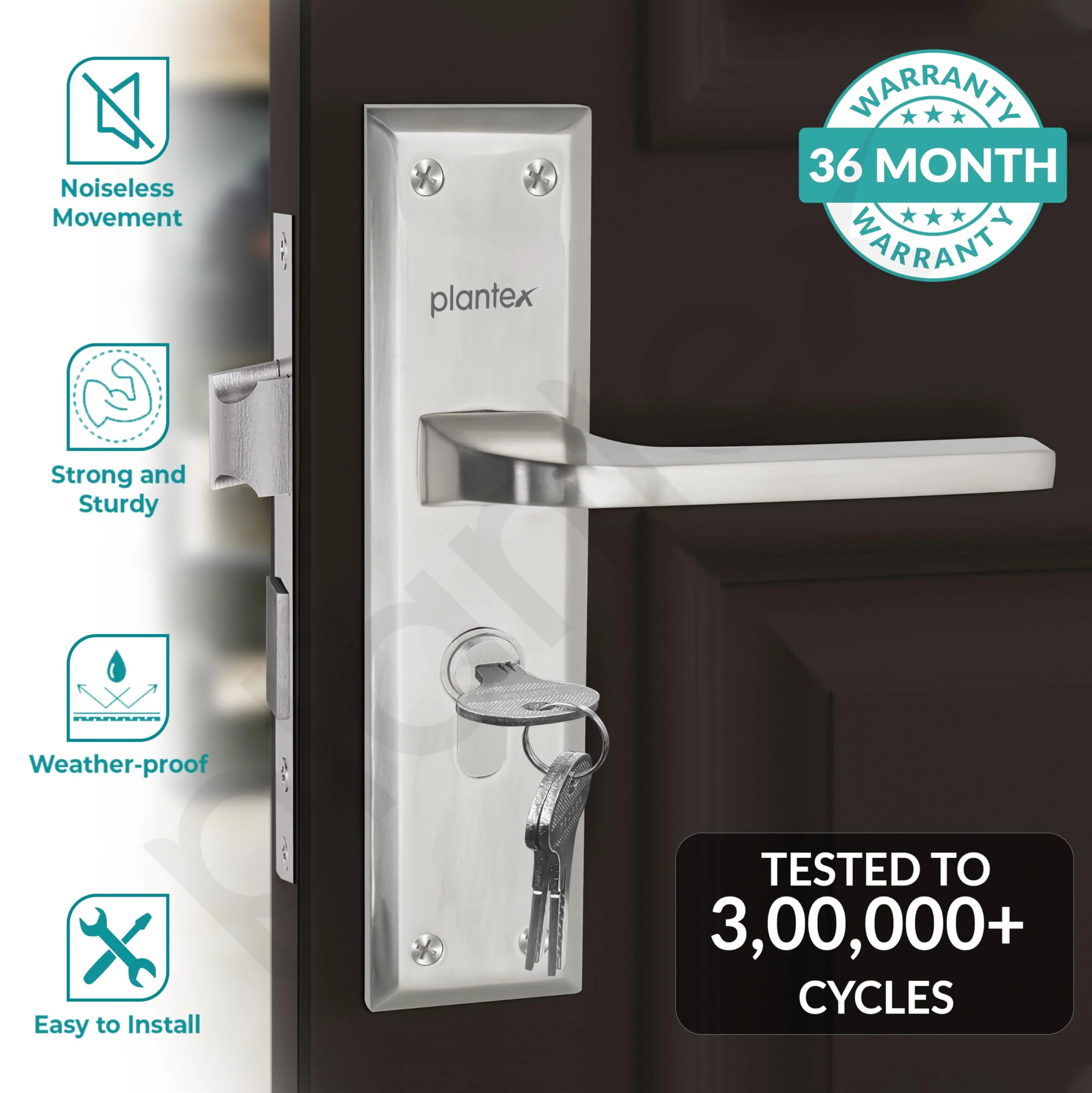 Plantex Main Door Lock Handle Set/6-Lever Locks Mechanism with 3 Years of Warranty by plantex/Mortise Lock with 3 Keys, Brass Locks Body & Cylinder (PTP-04 Matt) - Image 2