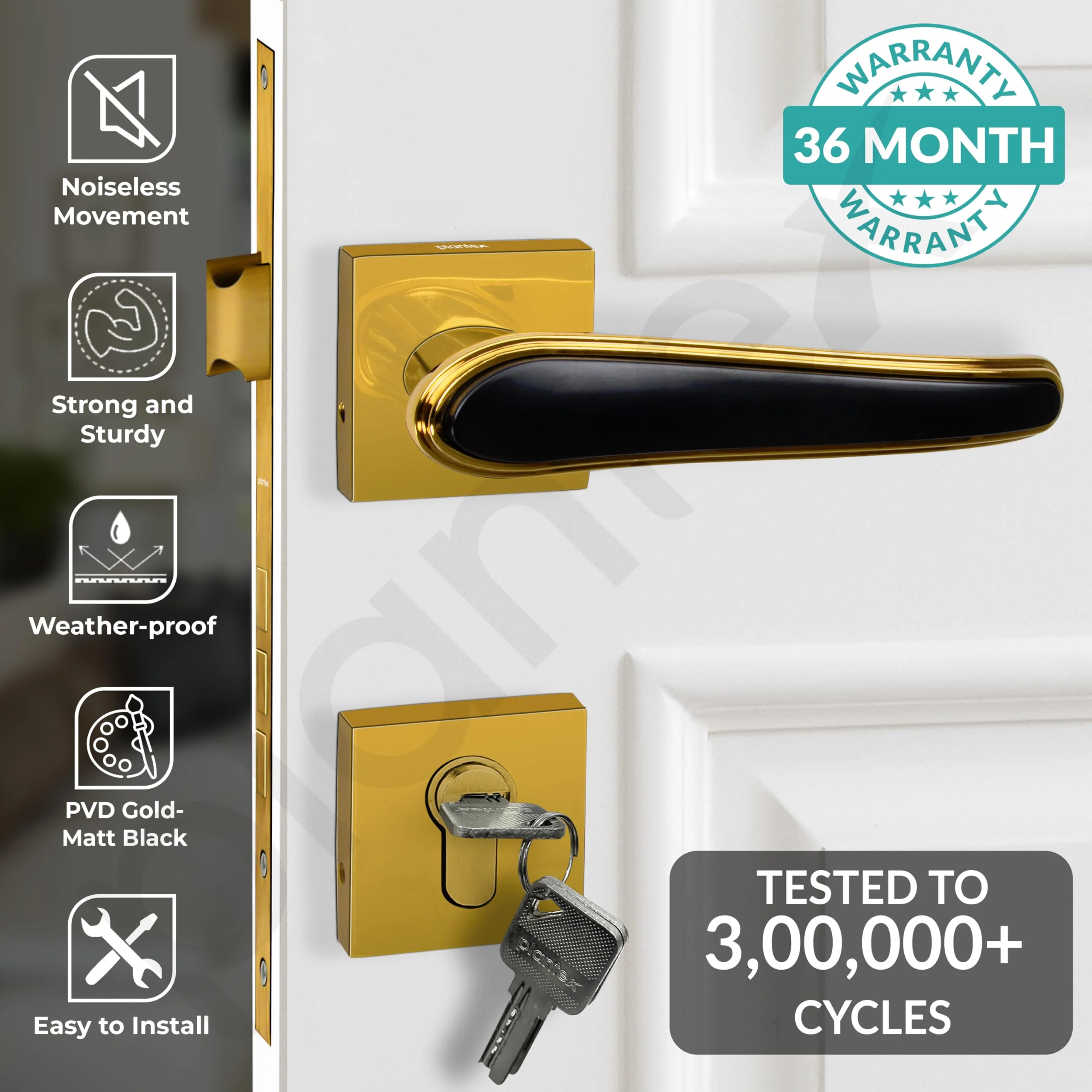 Plantex Main Door Lock/Mortise Lock for Doors - Robust Door Handle for Home with Brass Locks Body & Cylinder (PT-014, Gold & Black) - Image 2