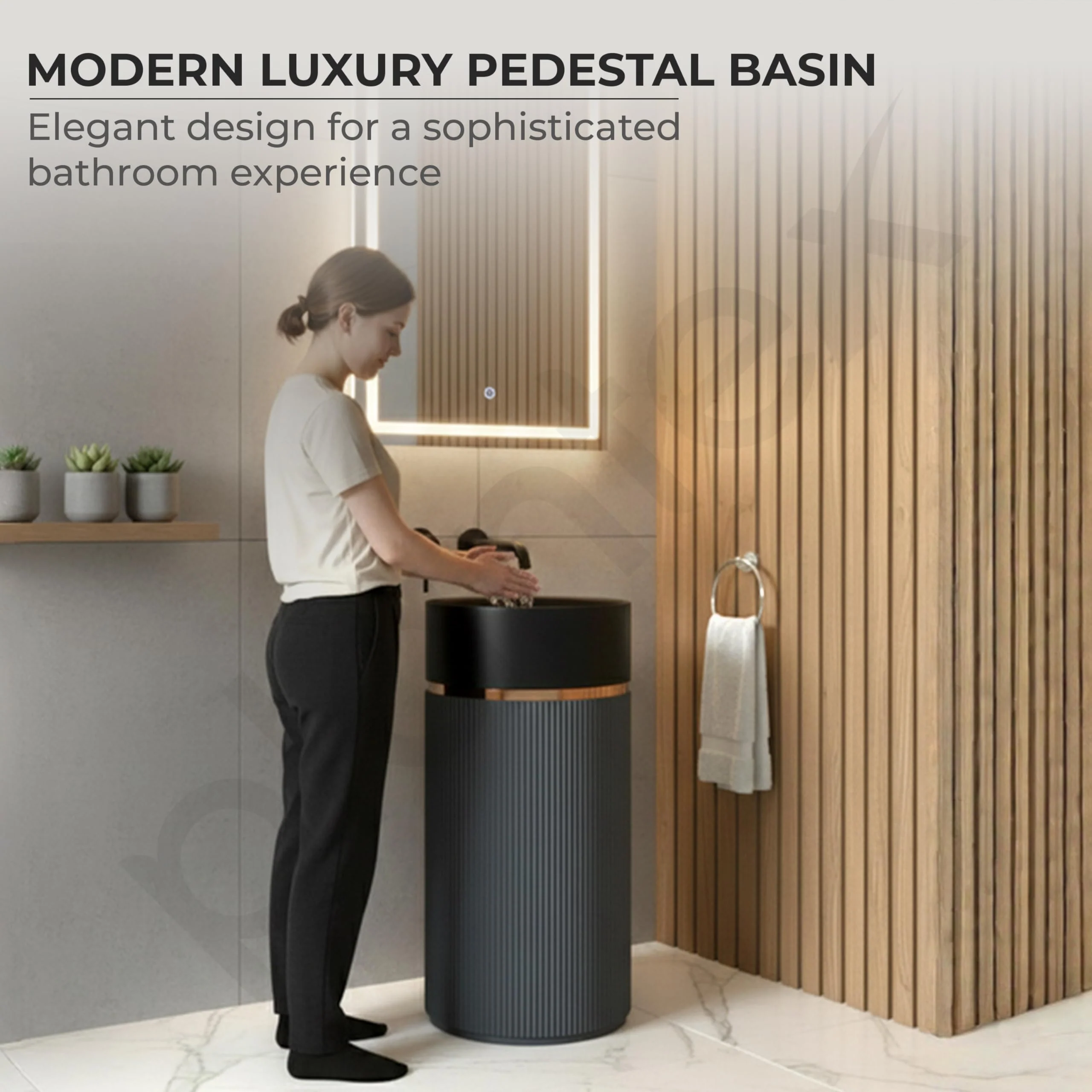 Plantex Matt Pedestal Wash Basin/Acrylic Resin & Quartz Free Standing Wash Basin/Round Basin For Bathroom/Home/Hotel/Restaurant- (Black And Grey, 16 X 16 X 34 Inch) - Image 6