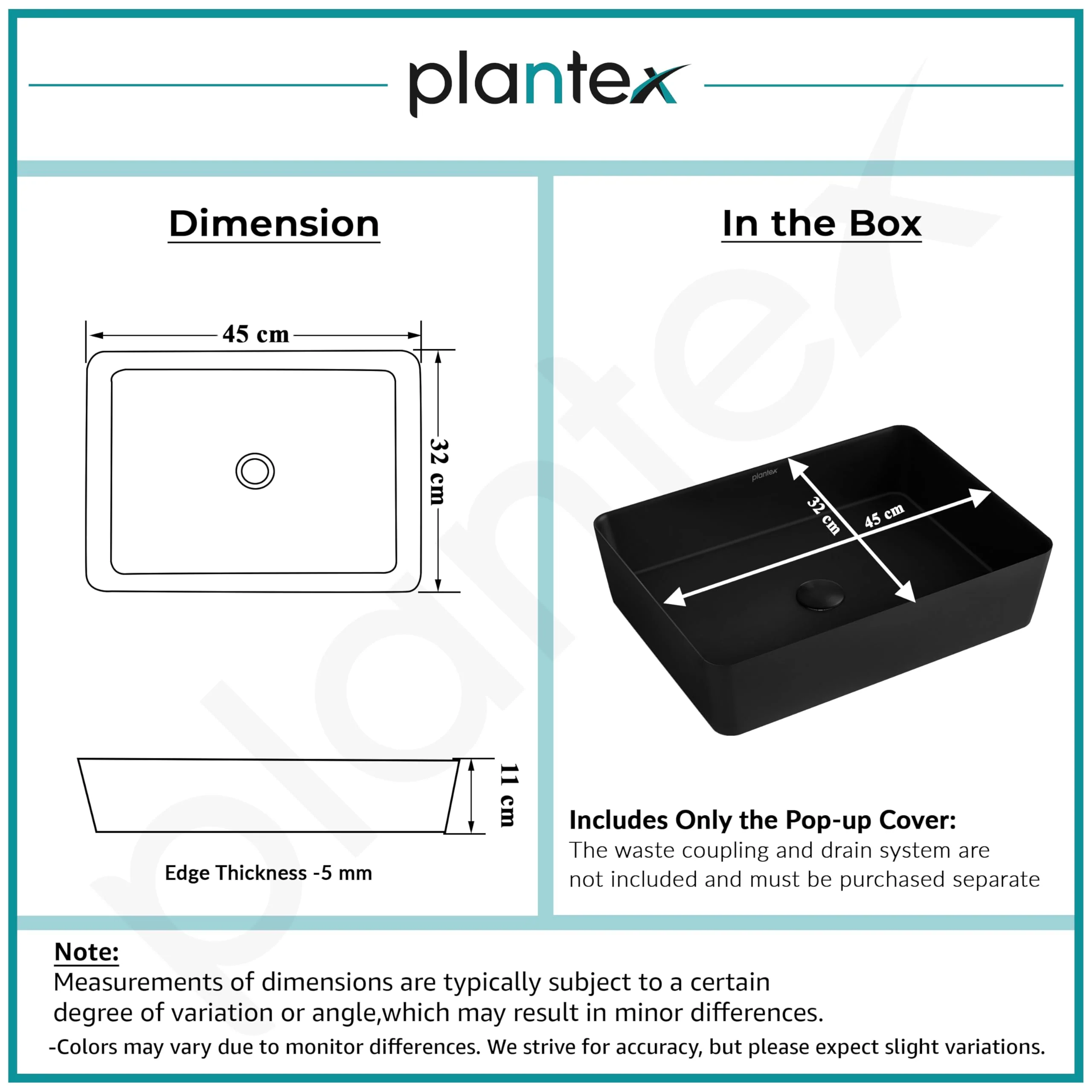 Plantex Melamine Wash Basin/Counter Top Washbasin for Bathroom/Restaurants/Office (Black, 18 x 13 x 4.5 Inch) - Image 3