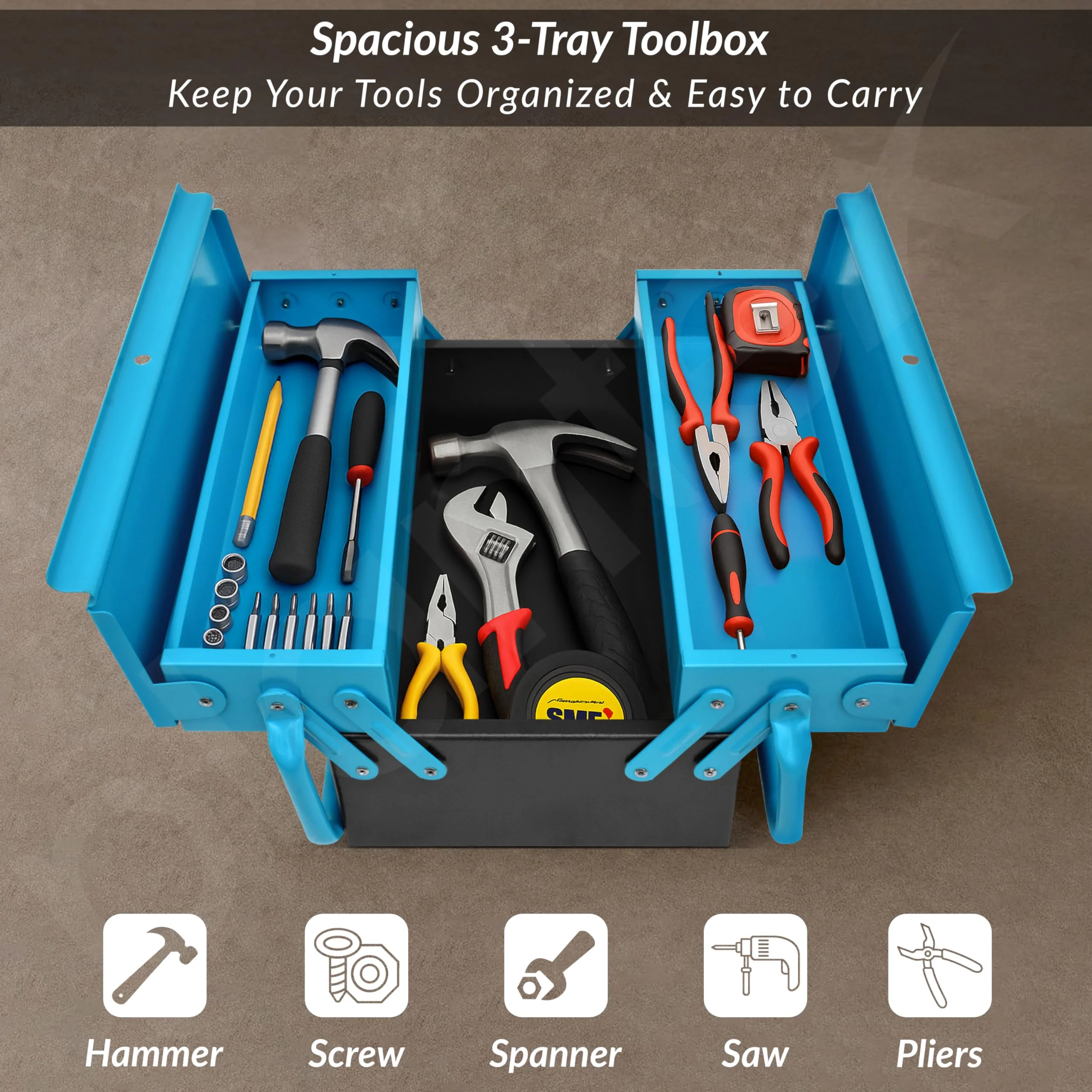 Plantex Metal Tool Box for Home Use/3 Cabinet Empty Tool Kit Box/Tools Box/Tool Organizer for Essential Tools With Large Capacity & Strong Handle - (Blue & Black) - Image 7
