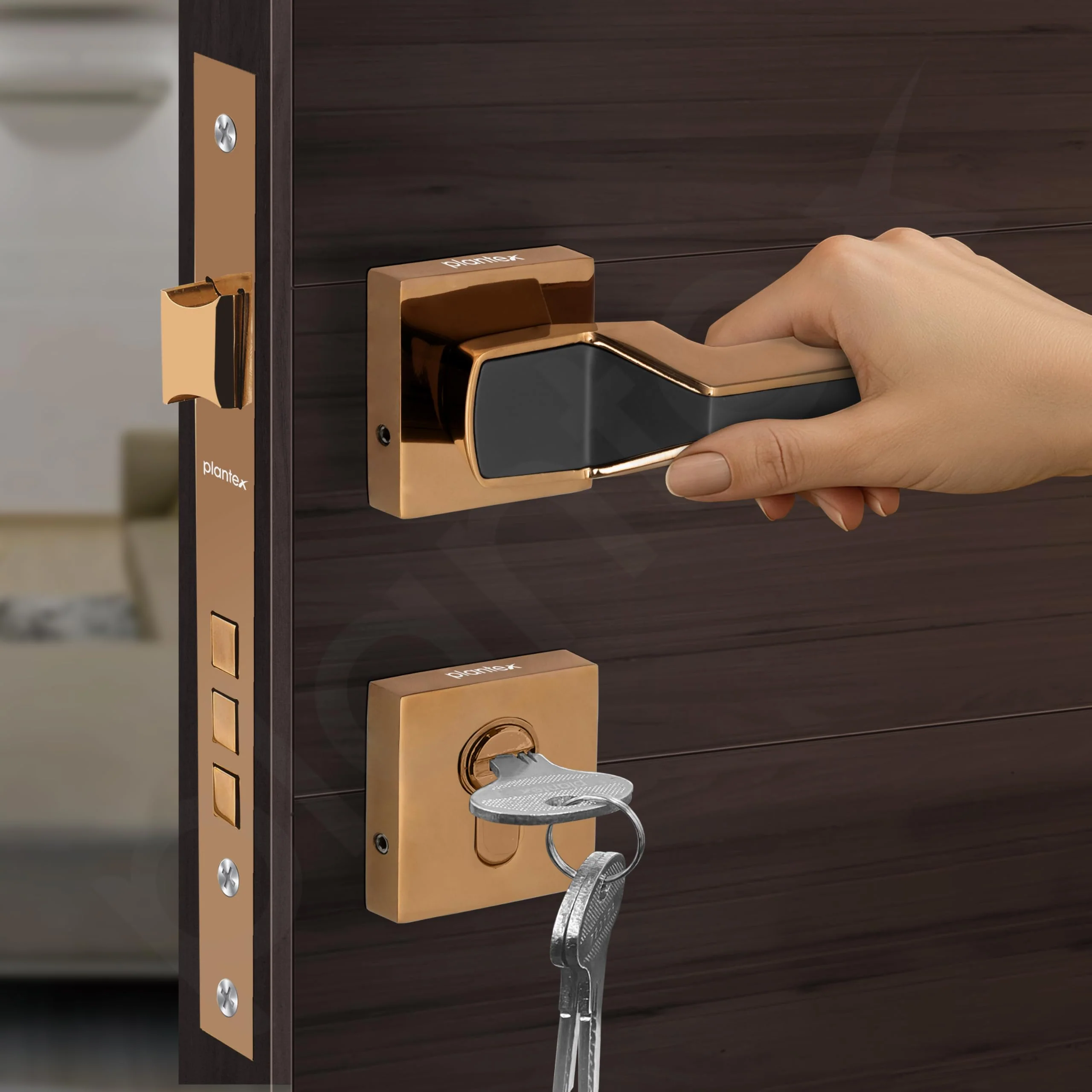 Plantex Brass, Zinc Mortise Door Lock For Main Door/Premium Handle Lock Set For Home With 3 Years Warranty (Rose Gold & Black) - Image 7