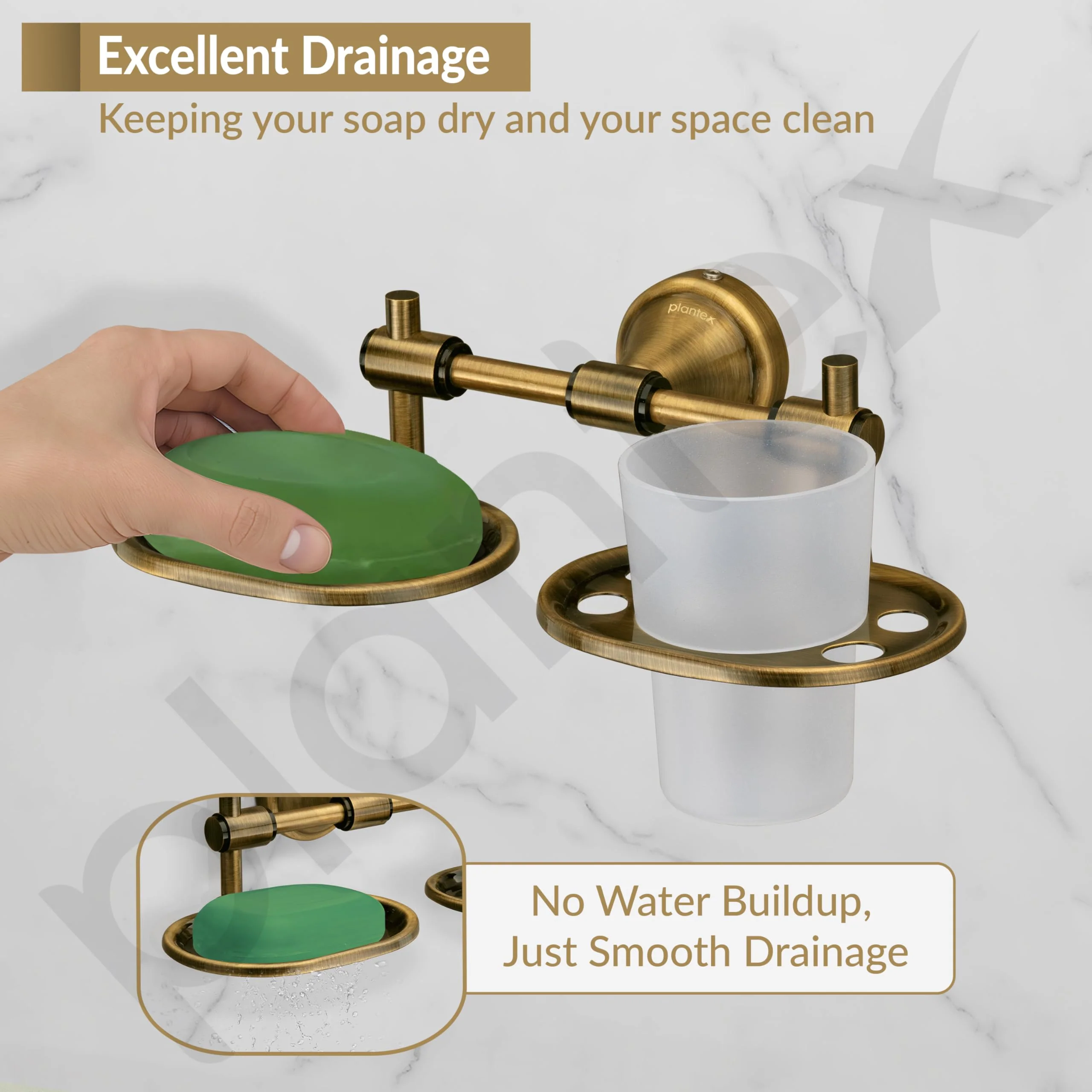 Plantex Niko Stainless Steel 304 Grade 2in1 Soap Dish with Tumbler Holder/Soap Stand/Tooth Brush Holder/Bathroom Accessories (Brass Antique) - Image 6