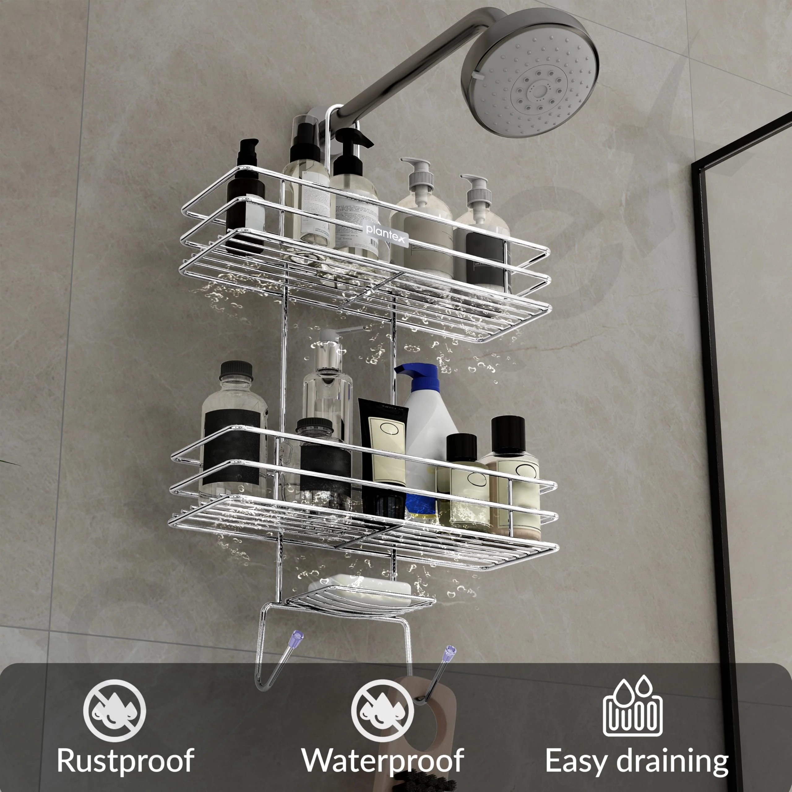 Plantex No Drill Bathroom Organiser/Shower Caddy for Bathroom Hanging/5in1 Stainless Steel Shelf with Soap Holder and Hooks (Big Size-Square Shape-Chrome Finish) - Image 6