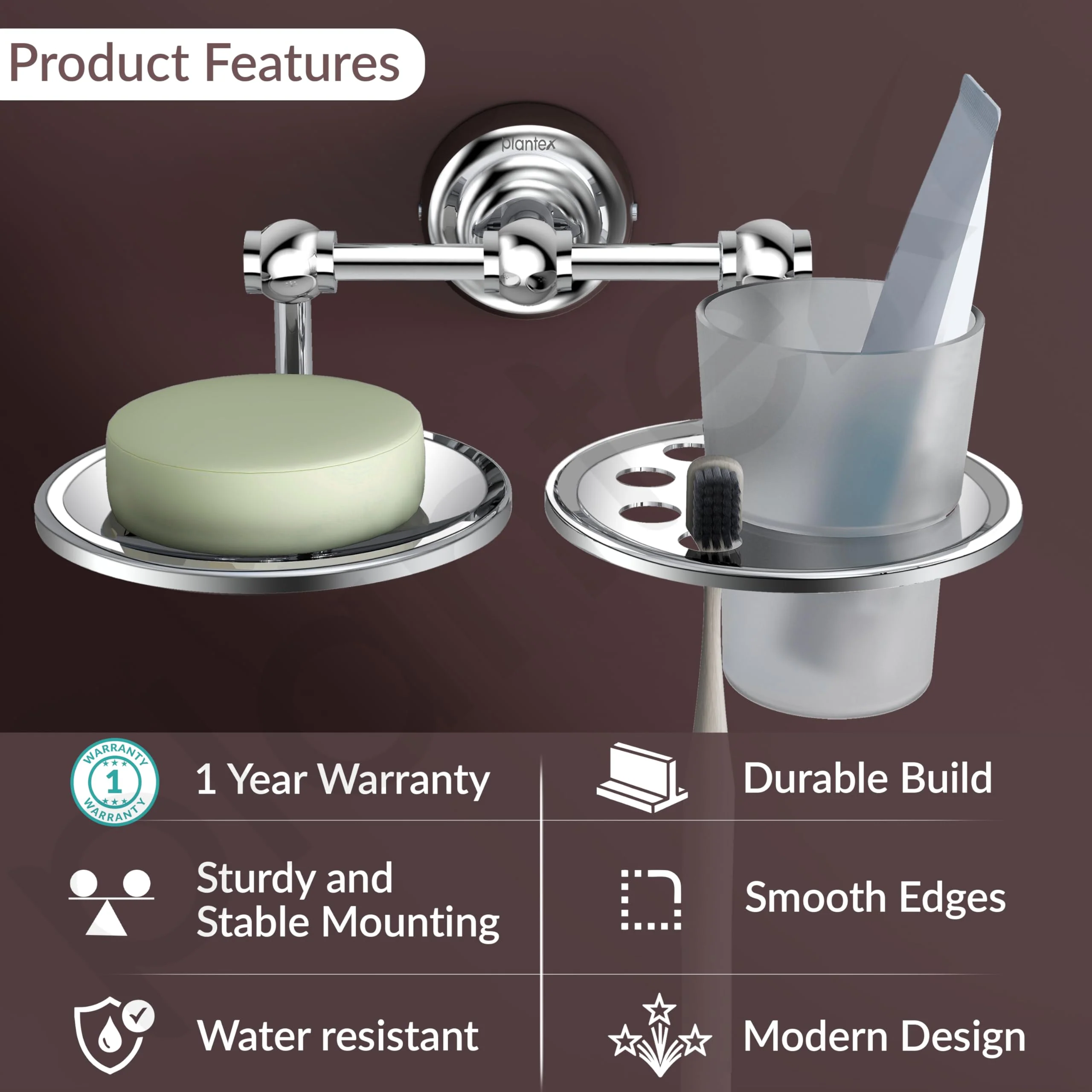 Plantex Platinum Stainless Steel 304 Grade Skyllo 2in1 Soap Dish with Tumbler Holder/Soap Stand/Tooth Brush Holder/Bathroom Accessories(Chrome) - Pack of 1 - Image 2