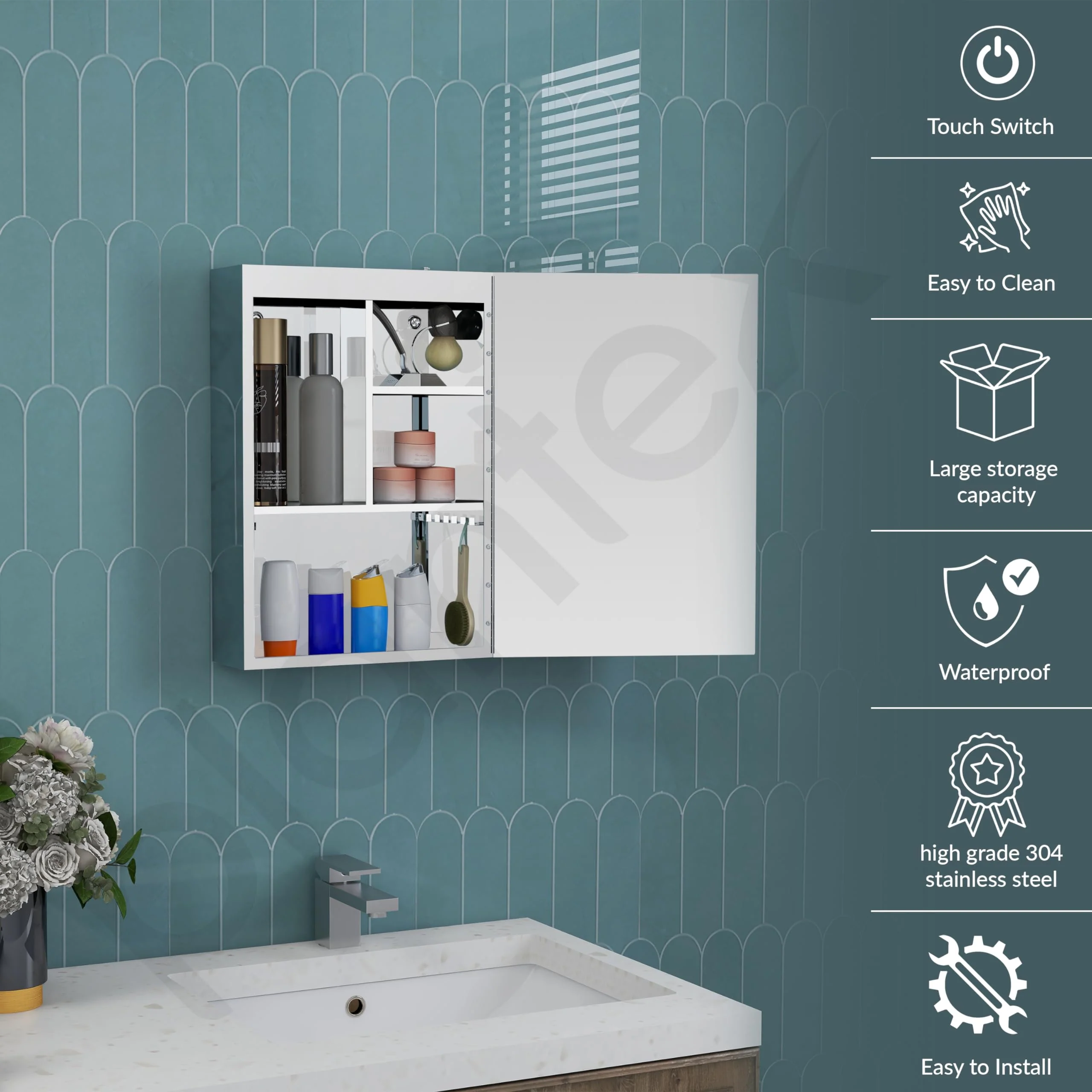 Plantex Premium 304 Stainless Steel Bathroom Cabinet with LED Mirror/Bathroom Organiser/Bathroom Shelf for Wall with Mirror (14x20 Inch-LED/Chrome) - Image 2