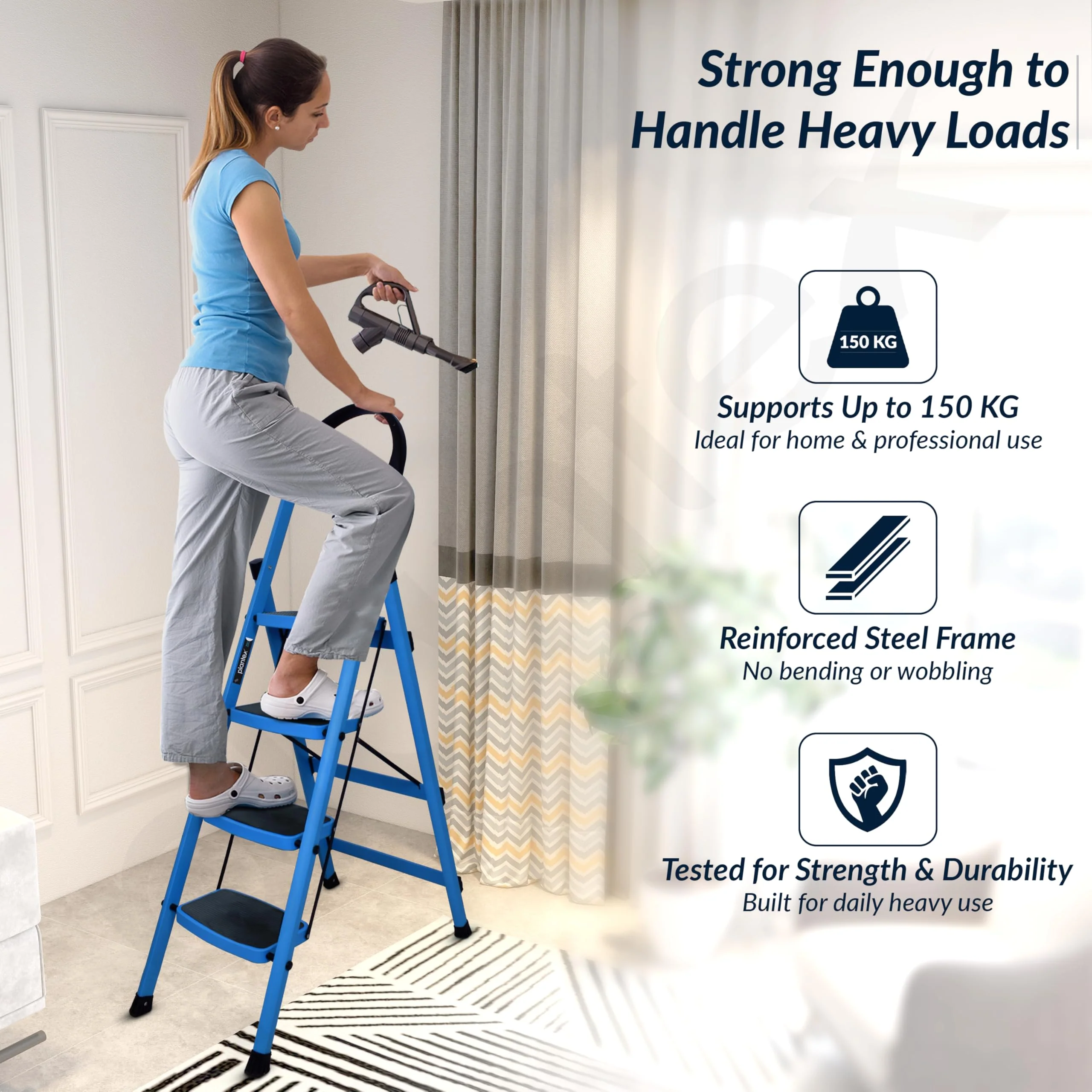 Plantex Premium 4 Step Steel Ladder/Ladder for Home/Wide Anti-Skid Wide Step Ladder/Capacity Upto 150 Kg (Blue & Black) - Image 6