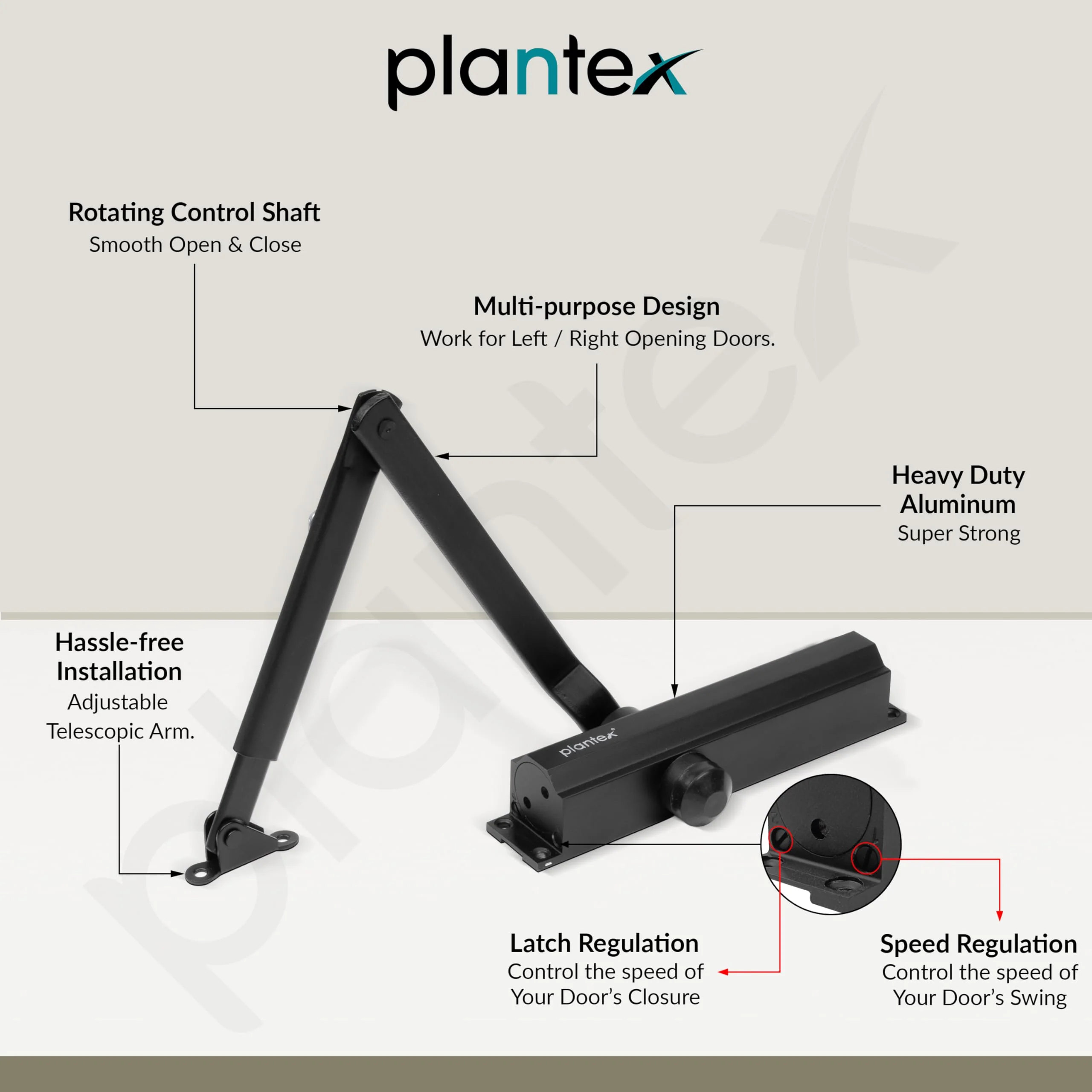 Plantex Premium Automatic Soft Door Closer for Heavy Duty Aluminium Auto Door Closer - Adjustable Hydraulic, ISO 9001 Certified (Capacity 75 Kg, Black) - Image 3