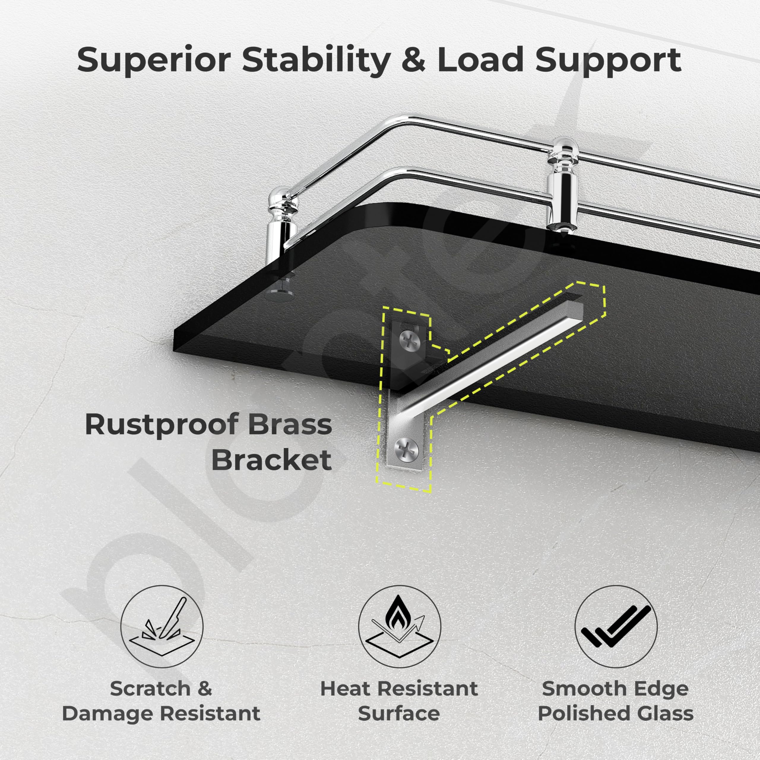 Plantex Premium Black Glass Shelf for Bathroom/Kitchen/Living Room - Bathroom Accessories (Polished, 18x6 Inches) - Pack of 1 - Image 3