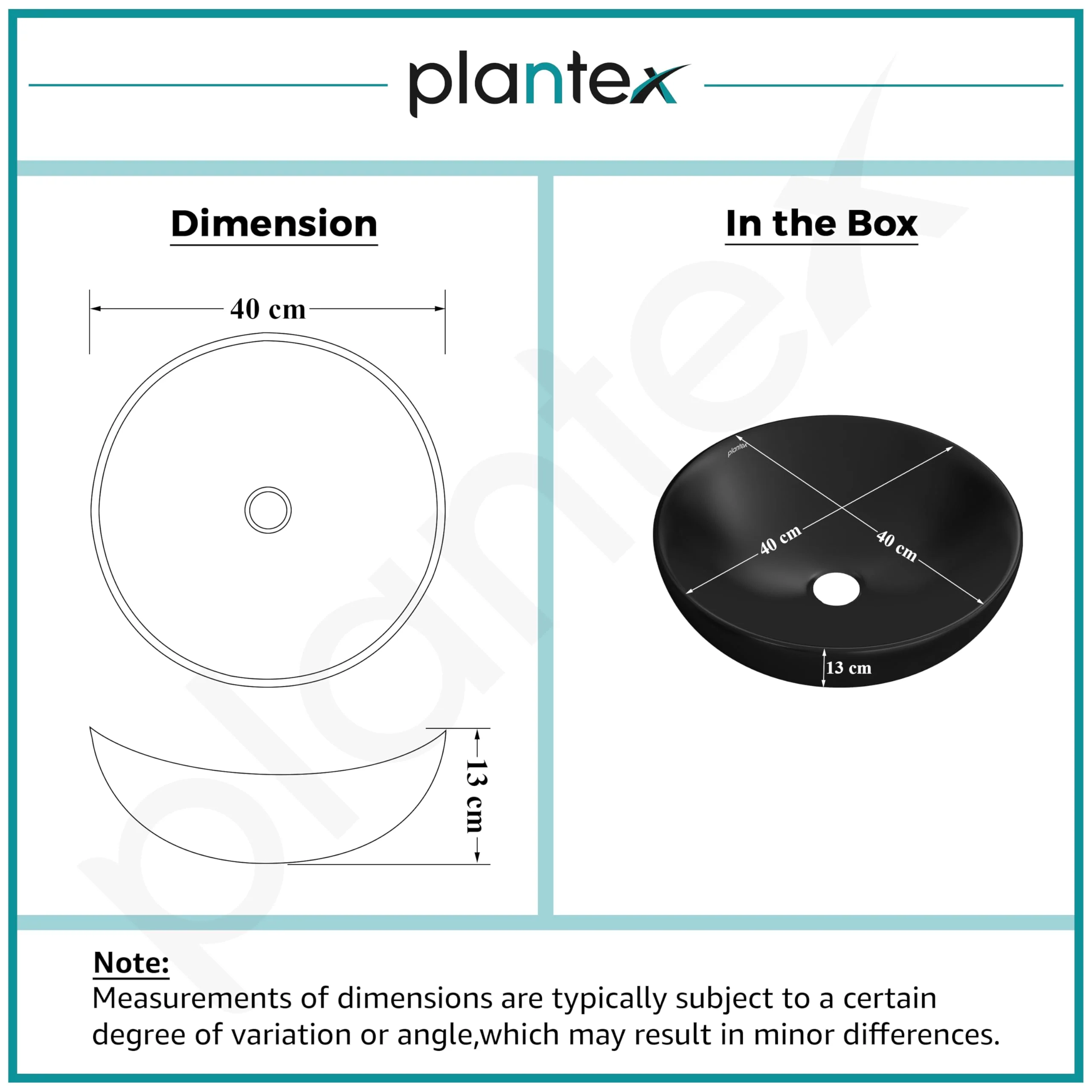 Plantex Premium Ceramic Tabletop Round Wash Basin/Countertop Bathroom Sink (Black, 15.5 x 15.5 x 5 Inch) 40 x 40 x 13 cm - Image 3