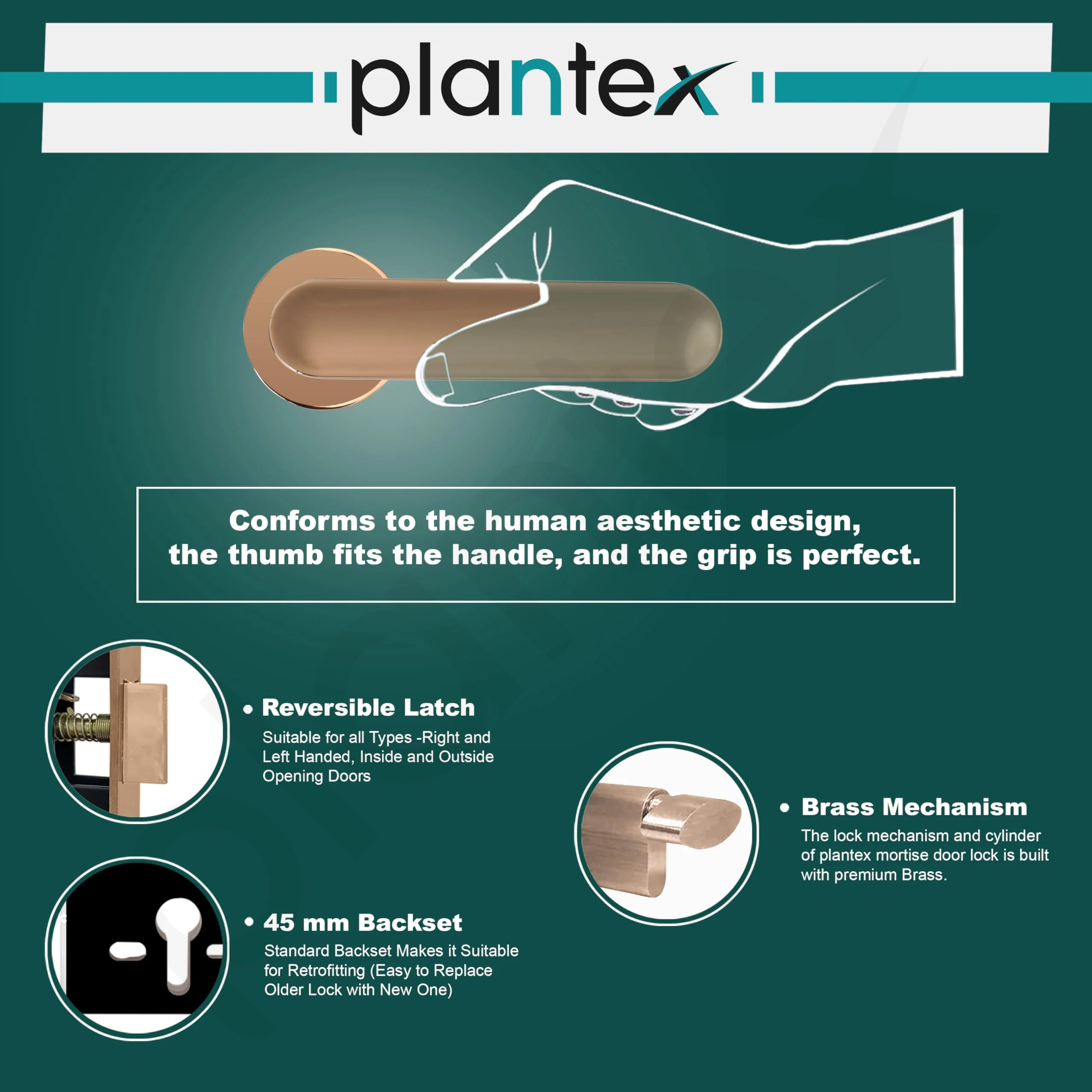 Plantex Premium Door Lock With 3 Years Warranty - Mortise Lock for Main Door Set (PVD Rose Gold Finish) - Image 4