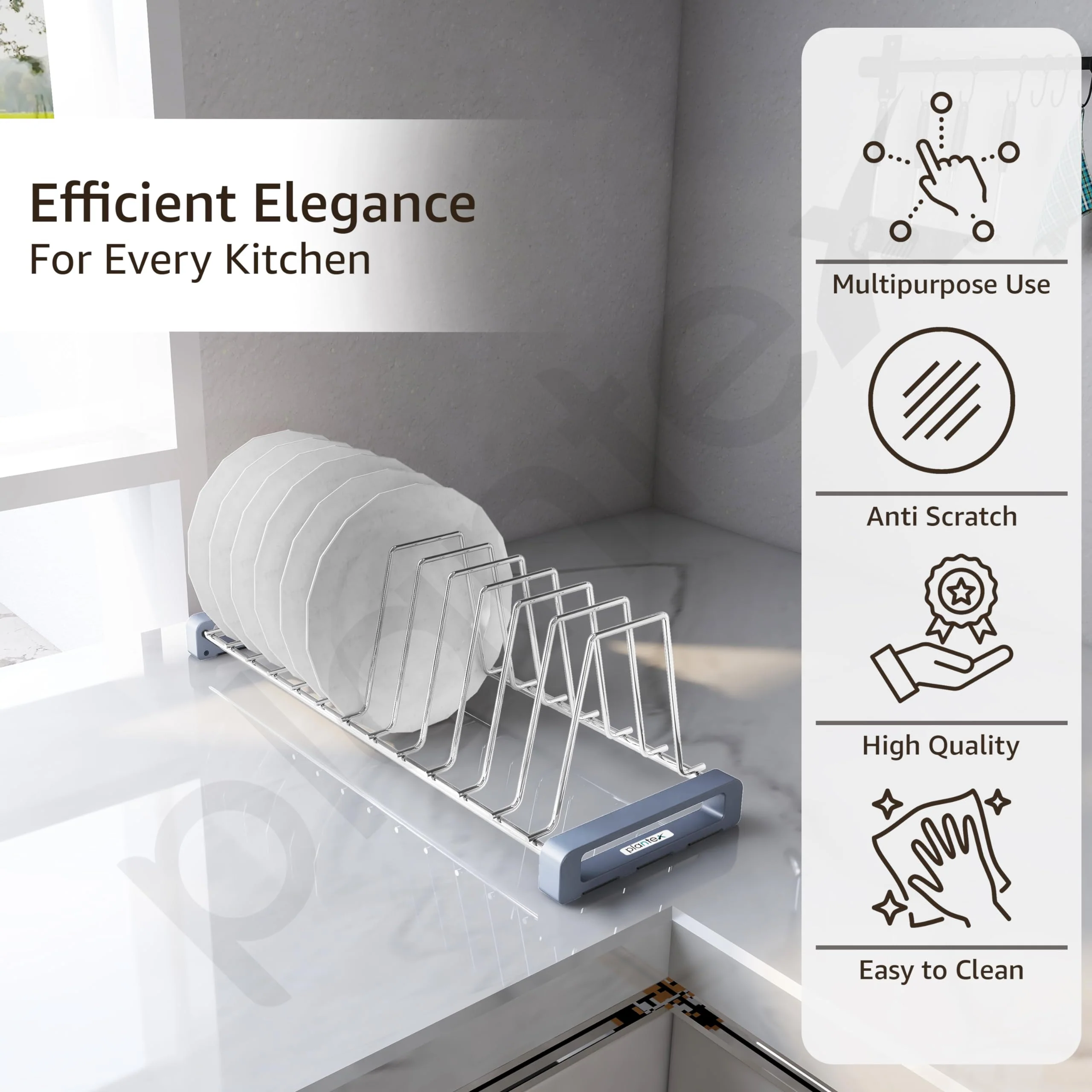 Plantex Premium-Grade Stainless Steel Plate Stand for Kitchen/10 SlotPlate Oraganizer for Kitchen Cabinet/Dish Rack Stand with Anti-Scratch Base(Size-6Inches, Slot- 10, Pack of 1) - Image 3