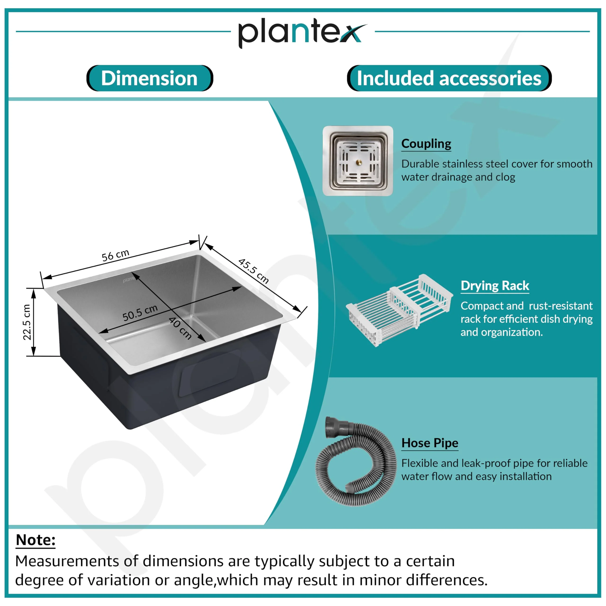 Plantex Premium Kitchen Sink with 25 Years Warranty by Plantex/Heavy-Duty Stainless Steel Sink for Kitchen with Square Coupling, Hose Pipes and Drain Rack/Single Bowl Sink (Silver Matt-22x18x9 Inches) - Image 5