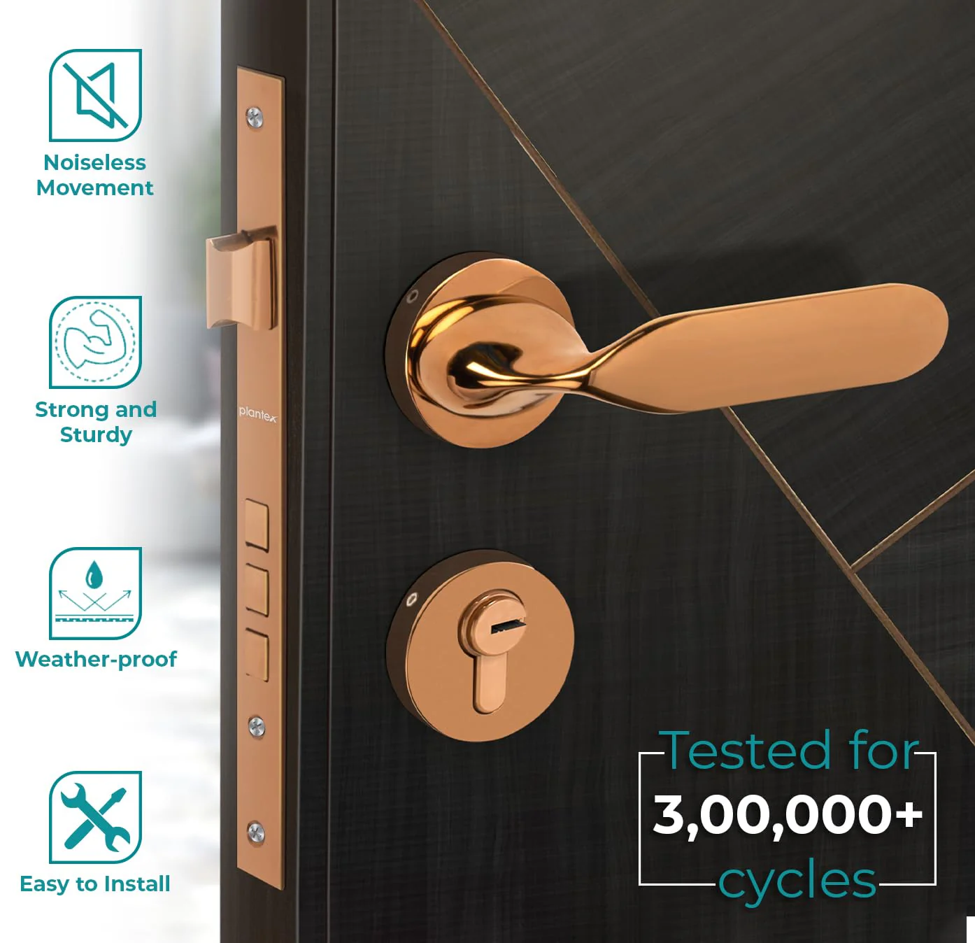 Plantex Premium Door Lock with 3 Years of Warranty/Main Door Locks for Home/Mortise Lock Set for Home (7106 - PVD Choco) - Image 2