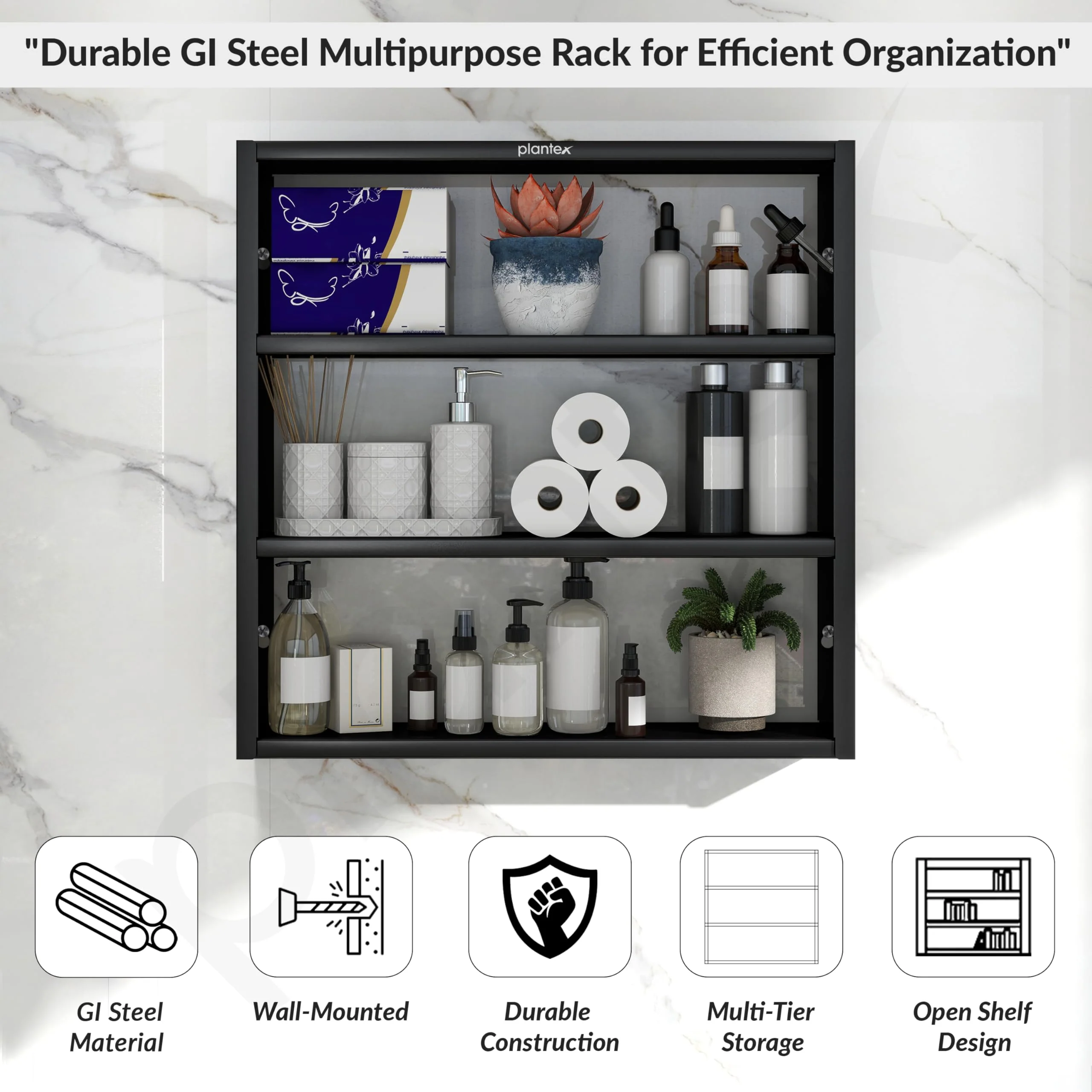 Plantex Premium Steel 3 Tier Spice Rack/Multipurpose Shelf/Spice Jar Organizer/Storage Rack for Kitchen/Wall Mounted/Shelf for Bathroom/Livingroom/Bedroom (Black) - Image 3
