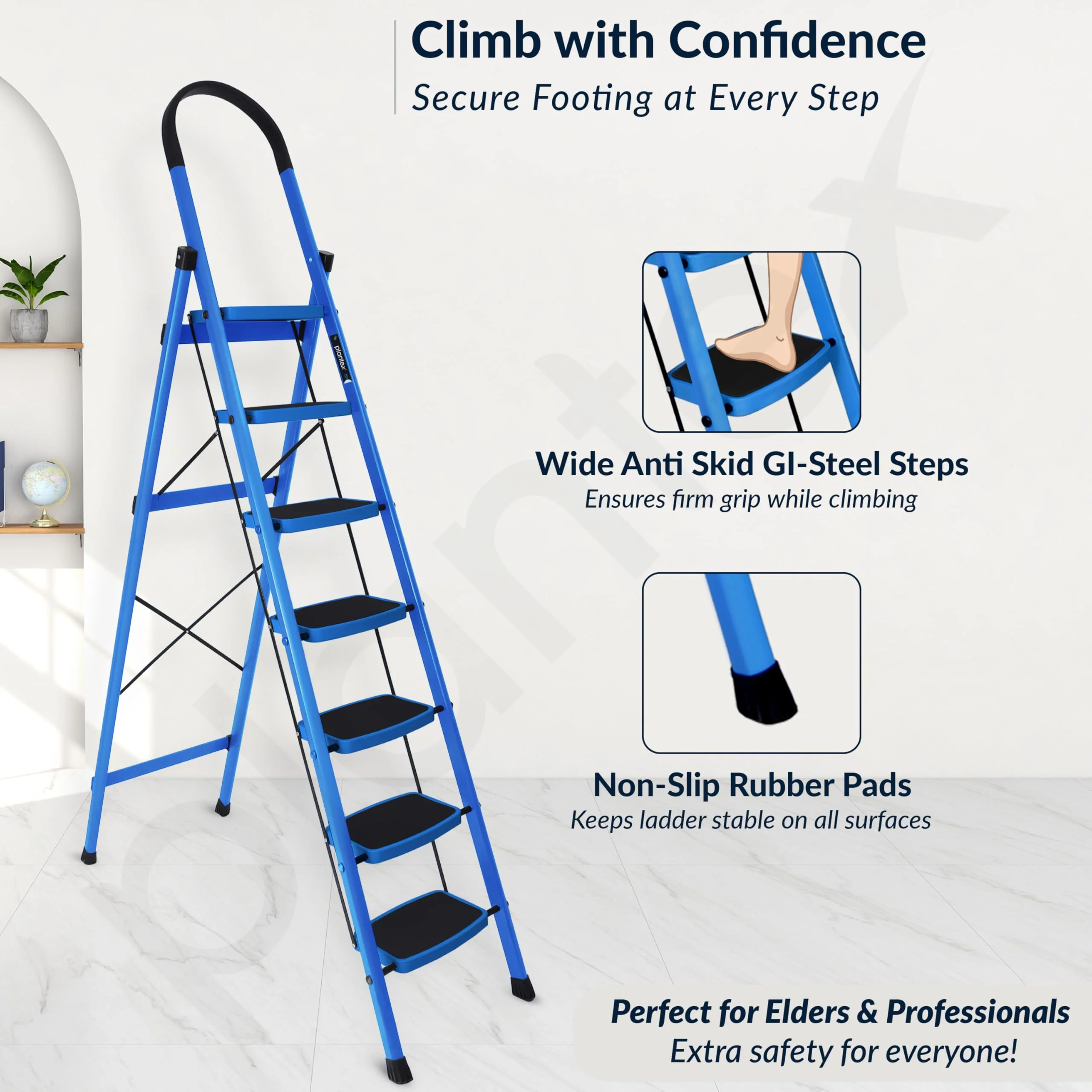 Plantex Premium Steel - 7 Step Ladder/Wide Anti Skid Steps/Heavy Duty Multipurpose Foldable 7 Step Ladder(Blue & Black) - Image 2