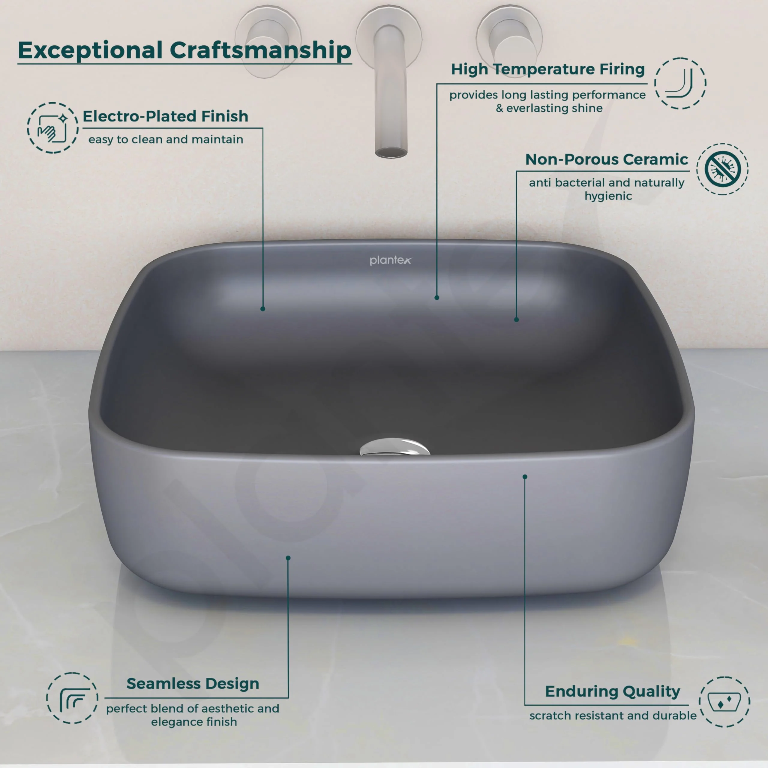 Plantex Premium Tabletop Ceramic Square Wash Basin/Countertop Bathroom Sink (Smoke, 16 x 16 x 5 Inch) - Image 4