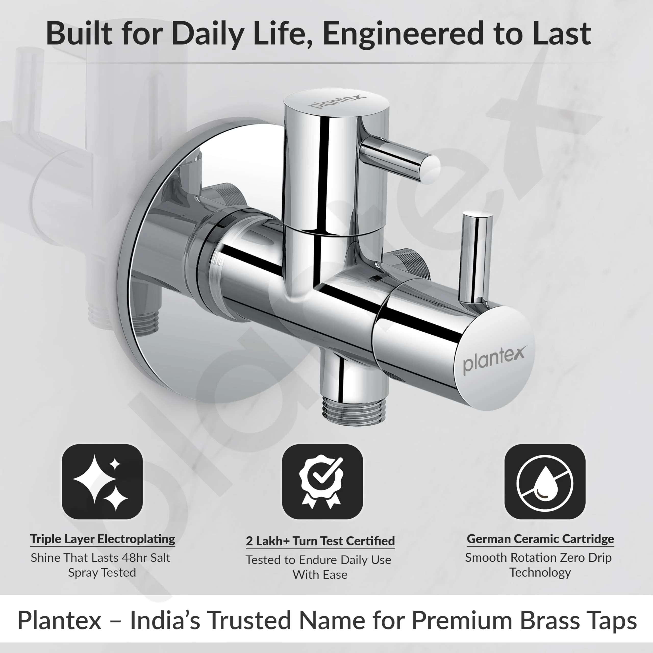 Plantex Pure Brass 2 Way Angle Valve/Quarter Turn Tap With Brass Wall Flange and Teflon Tape/Angle Cocke for Bathroom-(ICO-908-Mirror-Chrome) - Image 2
