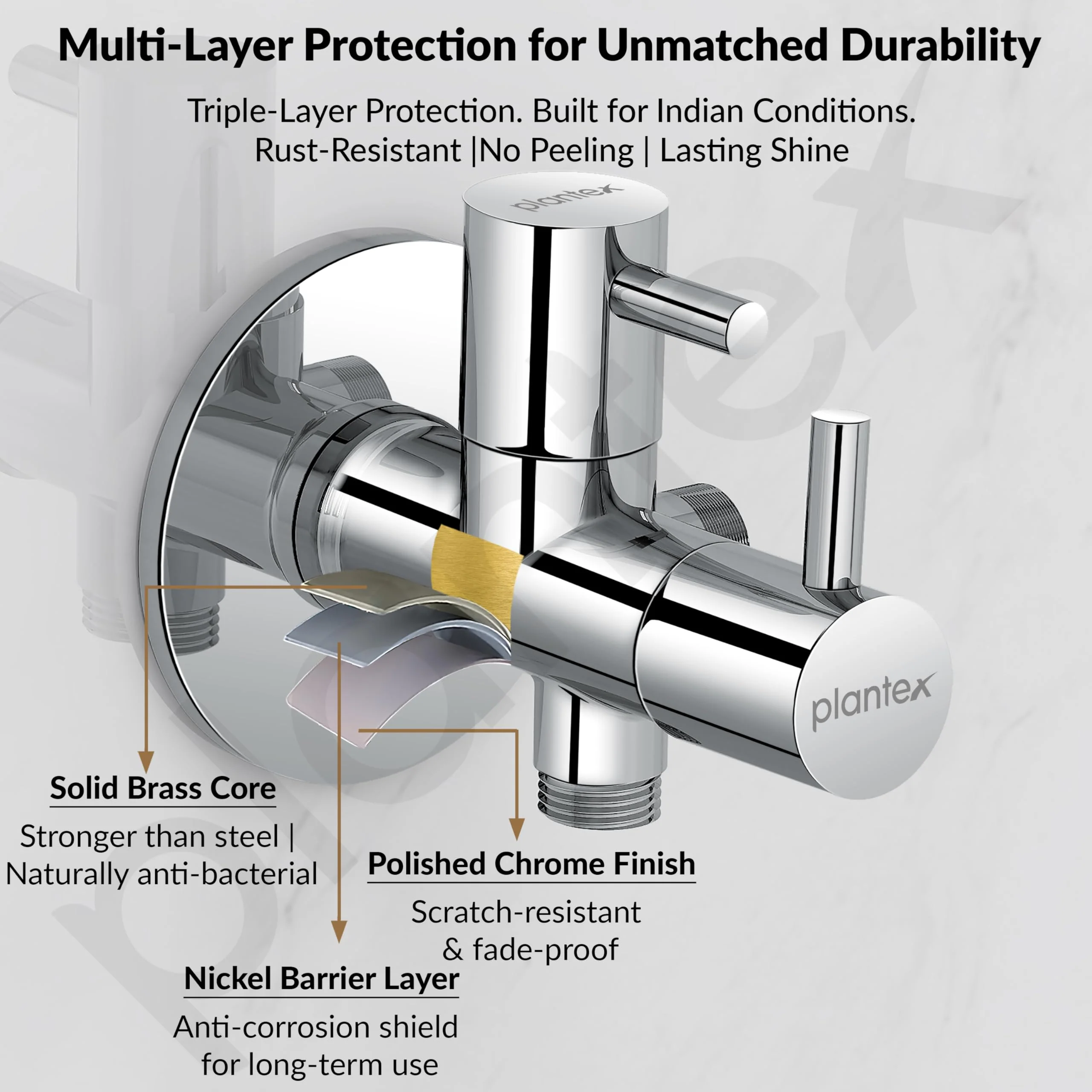 Plantex Pure Brass 2 Way Angle Valve/Quarter Turn Tap With Brass Wall Flange and Teflon Tape/Angle Cocke for Bathroom-(ICO-908-Mirror-Chrome) - Image 5