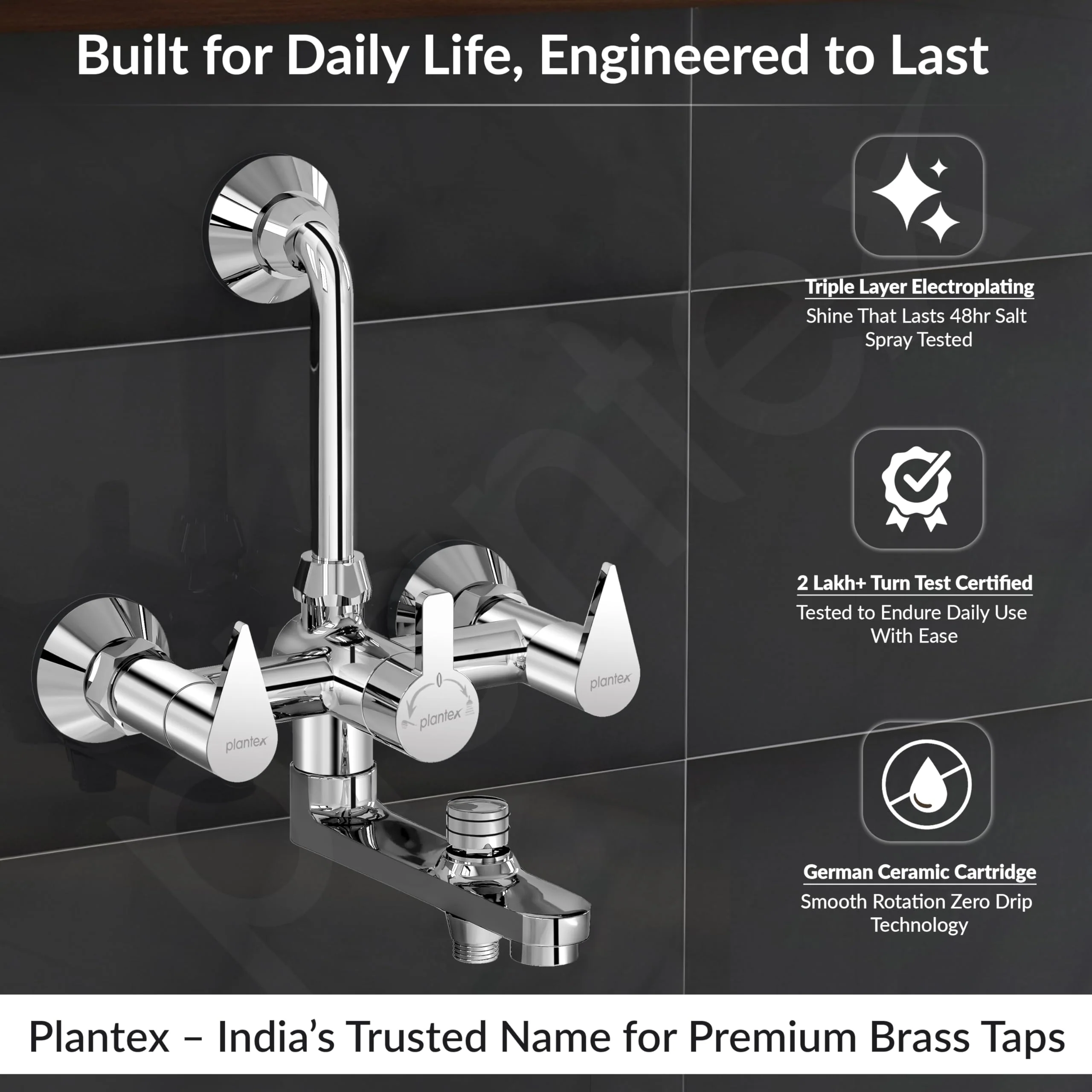 Plantex Pure Brass 3 in 1 Wall Mixer for Bathroom/Mixer L-Bend Provision for Overhead and Hand Shower/Bathroom Mixer 3 in 1 with Shower -7 Year Warranty by Plantex (Chrome) - Image 3