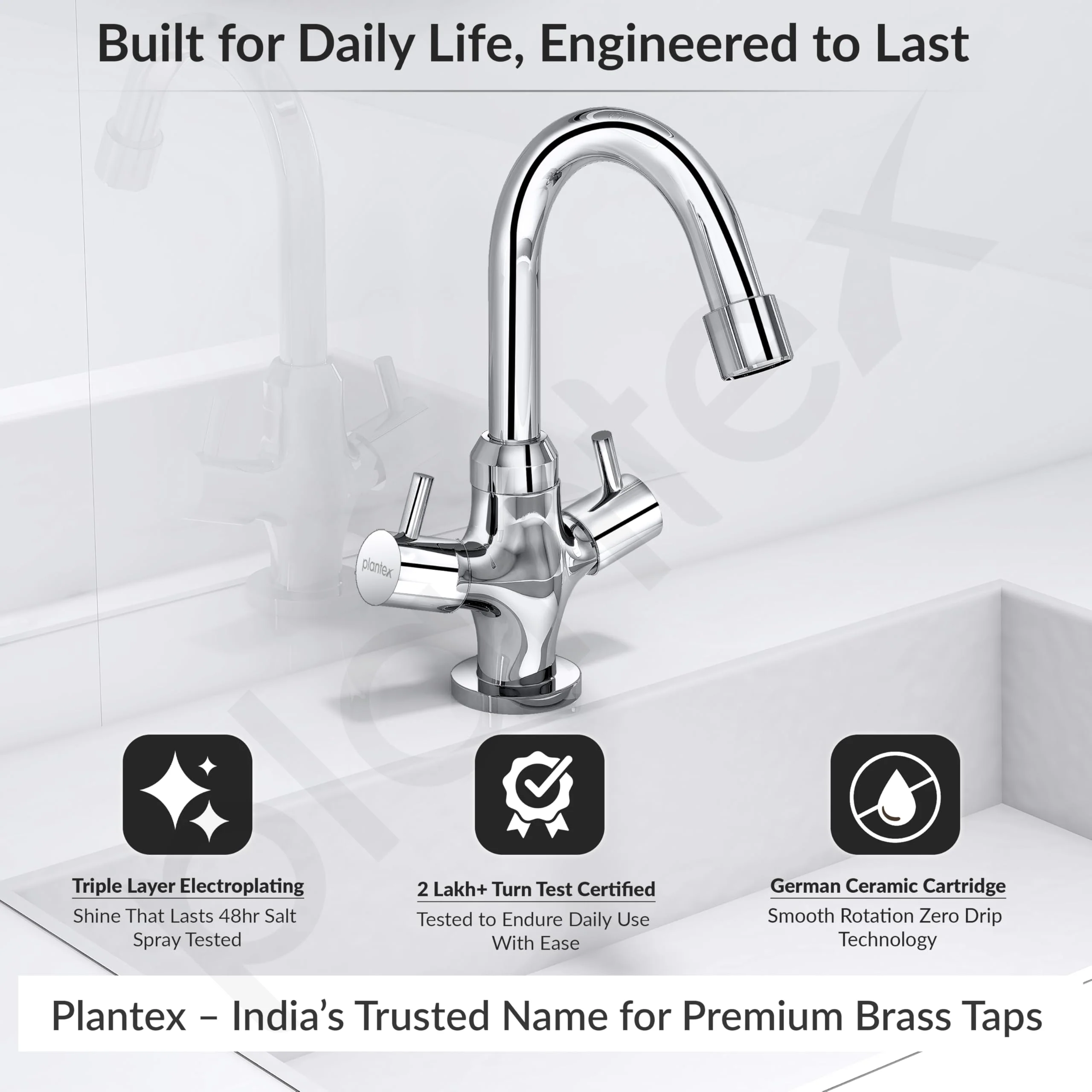 Plantex Pure Brass Basin Sink Mixer Tap Hot and Cold/Mixer Tap for Bathroom/Wash Basin Tap with Teflon Tape -7 Year Warranty by Plantex (ICO-909-Chrome) - Image 2