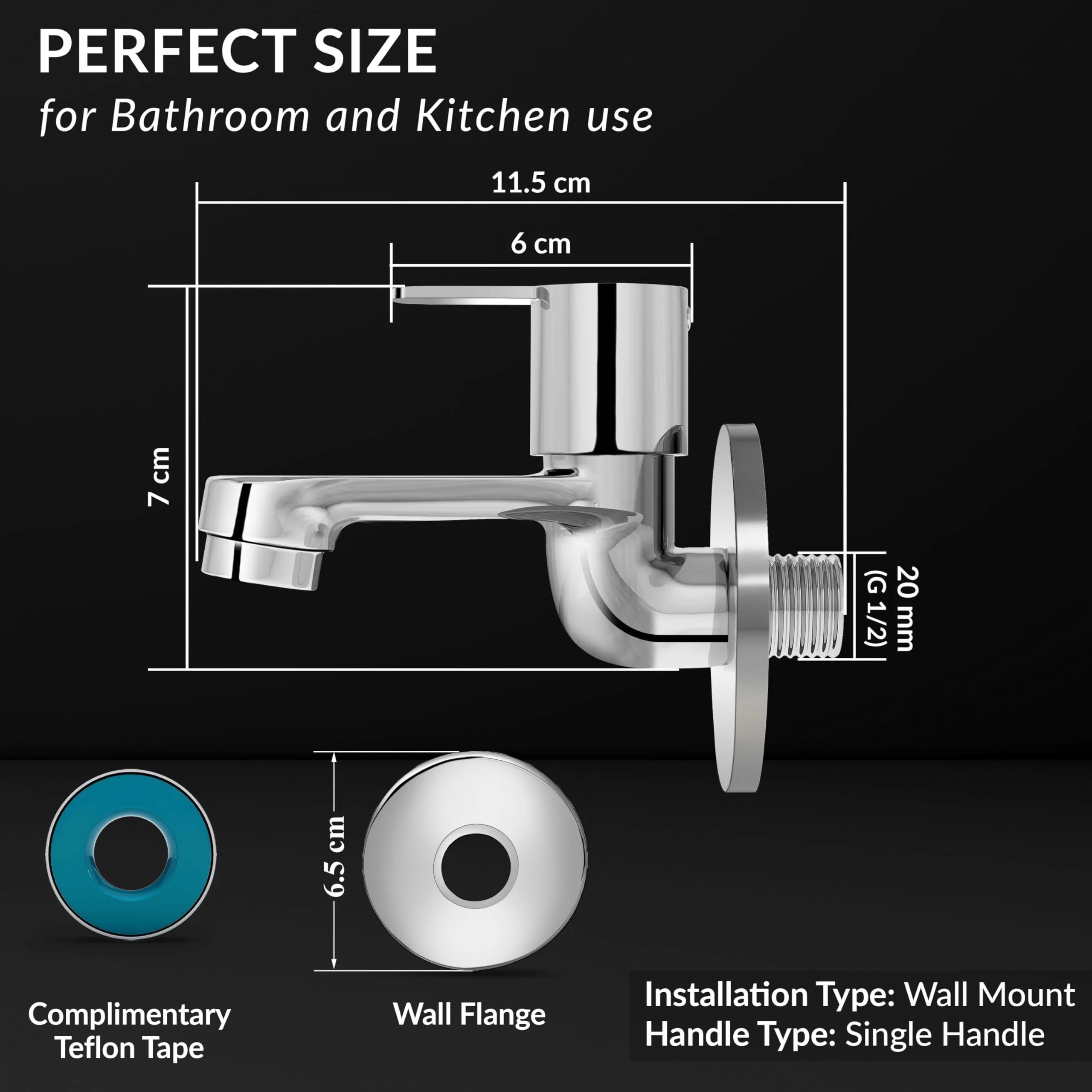 Plantex Pure Brass FLO-801 Bib Cock Water Tap with Water Saving Aerator/Dual Bib Tap with Brass Wall Flange & Teflon Tape for Washbasin with 7-Year Warranty (Mirror Chrome) - Image 4