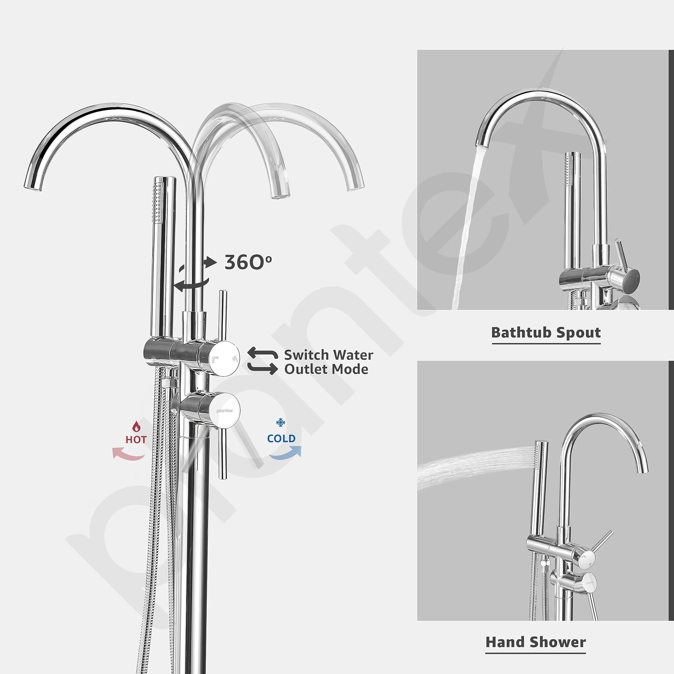 Plantex Pure Brass Free Standing Bathtub Faucet/Bath Tub Filler Faucet/Single Lever Basin Faucet with Handle Held Shower - (Chrome) - Image 2