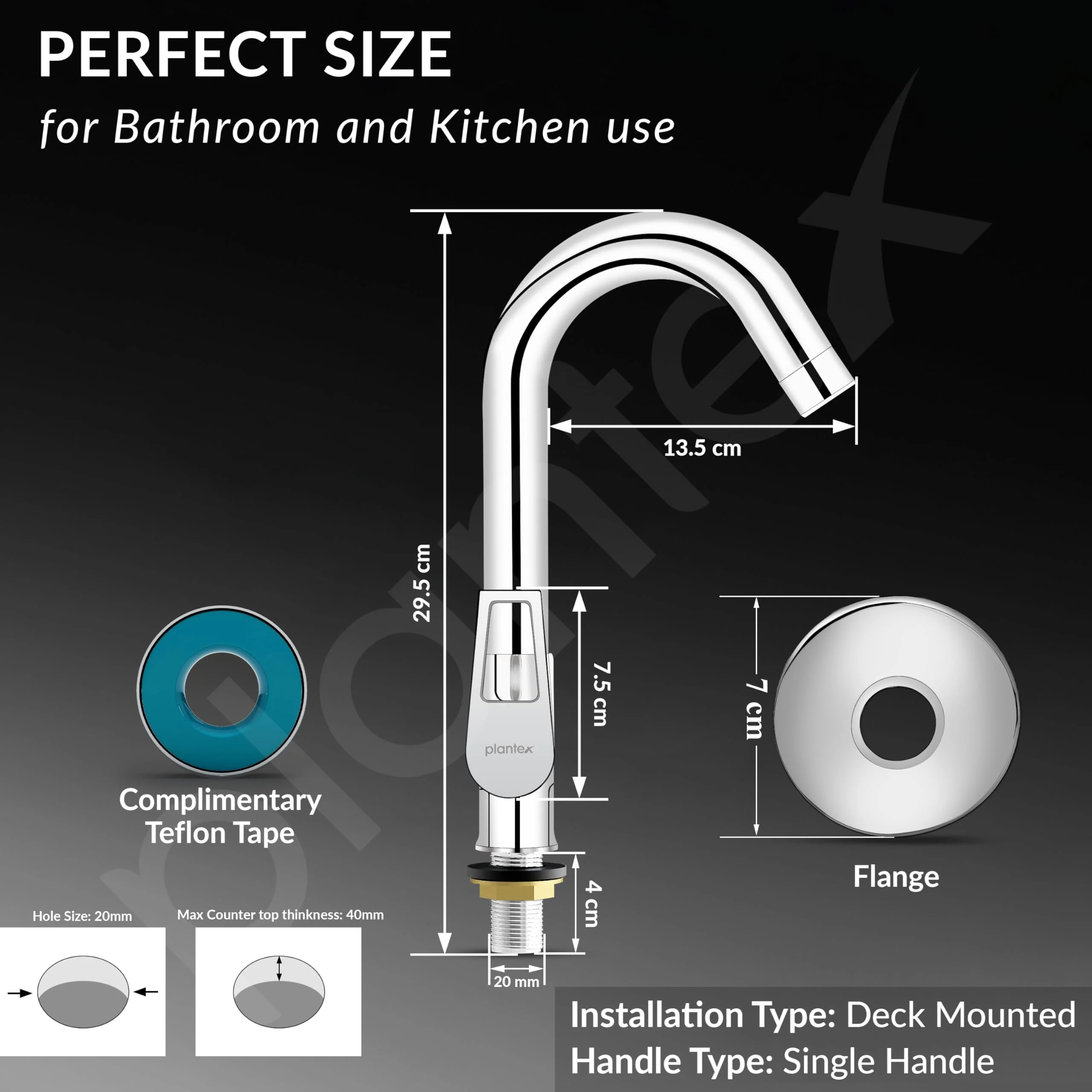 Plantex Pure Brass High Neck Pillar Cock Water Tap with Teflon Tape/360 Degree Swivel Spout/Single Lever Tabletop Basin Sink Cock (3203, Chrome) - Image 4