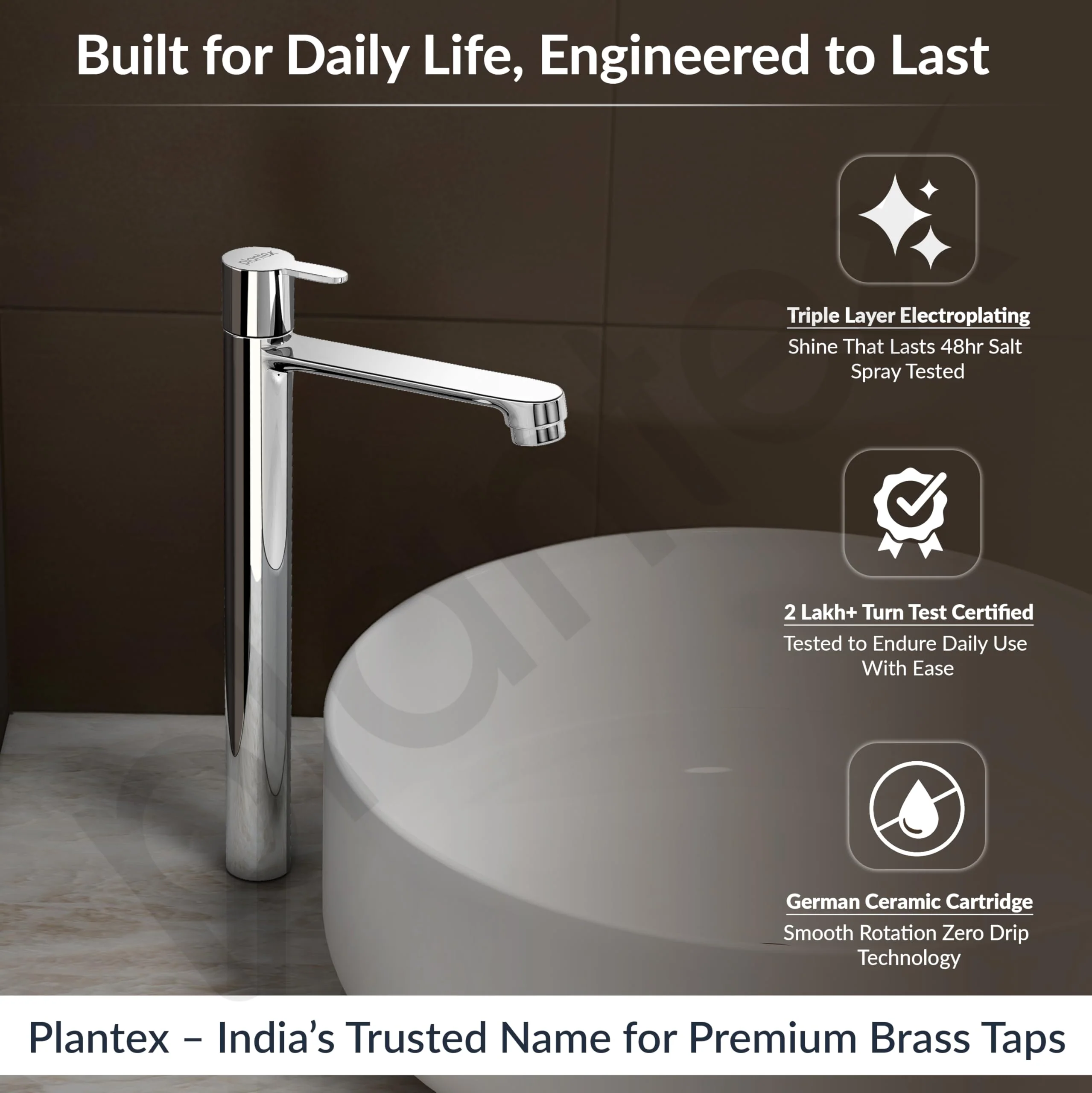 Plantex Pure Brass High Neck Pillar Tap for Wash Basin with Teflon Tape/Tabletop Wash Basin Tap/Pillar Cock with 7 Year Warranty (FLO-804-Mirror Chrome) - Image 2