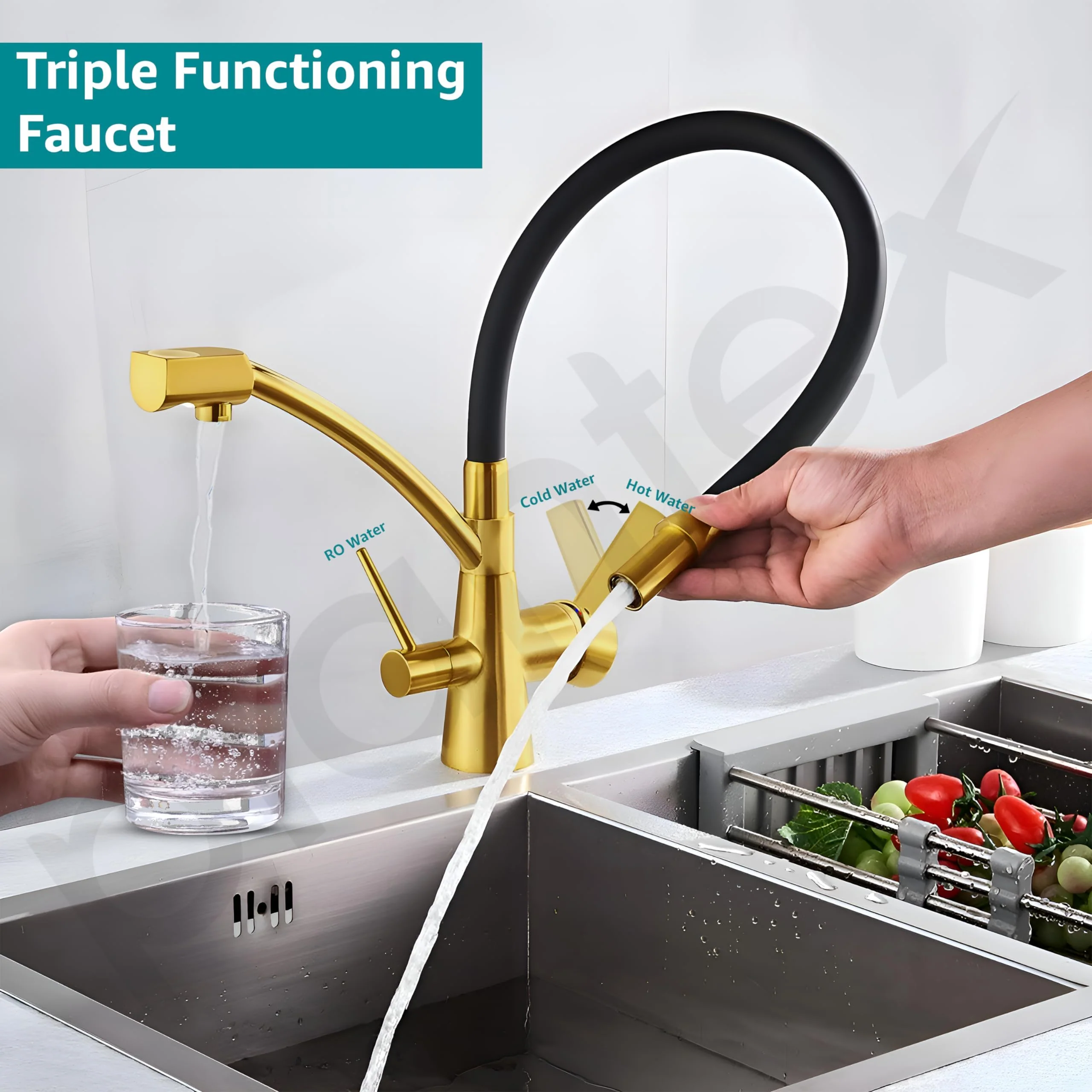 Plantex Pure Brass Kitchen Taps for Home Sink/3-in-1 Sink Mixer Tap with Built-in RO Outlet/360° Swivel Spout with Pull Down Kitchen Faucet-(Gold & Black) - Image 3
