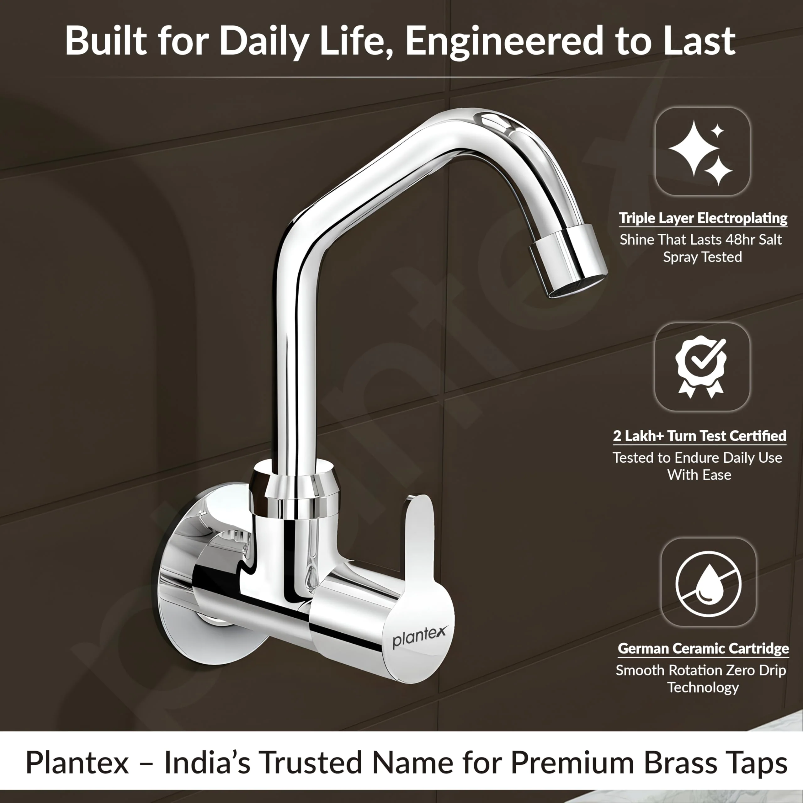 Plantex Pure Brass Kitchen Sink Tap with 360° Extended Swivel Spout/Basin Tap with Water Saving Aerator/Sink Tap for Kitchen Basin with Brass Wall Flange-7 Year Warranty (FLO-810- Chrome) - Image 2