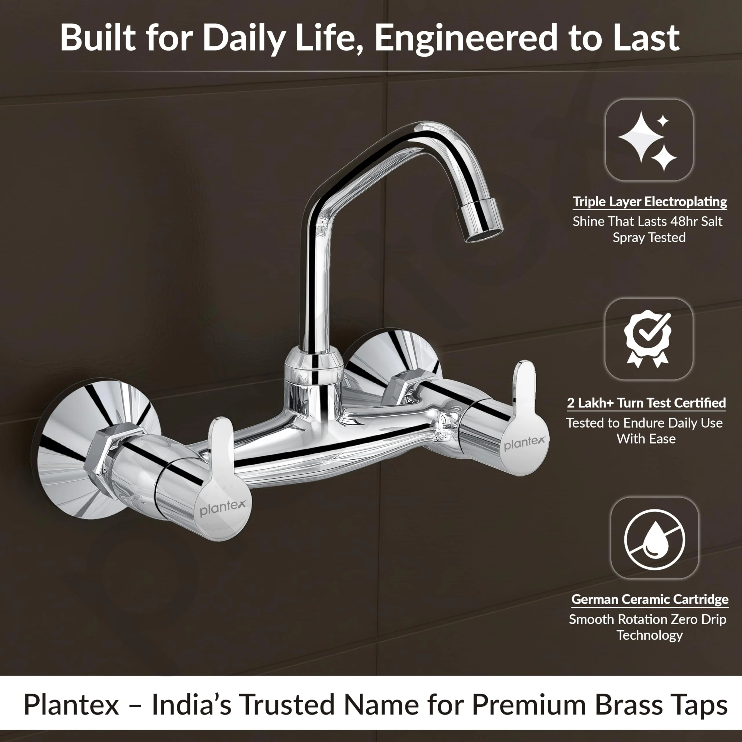 Plantex Pure Brass Kitchen Sink Tap with 360° Swivel Spout/Dual Handle Hot and Cold Water Tap for Kitchen/Sink Mixer with Brass Wall Flange and Teflon Tape (FLO-814-Chrome) - Image 3