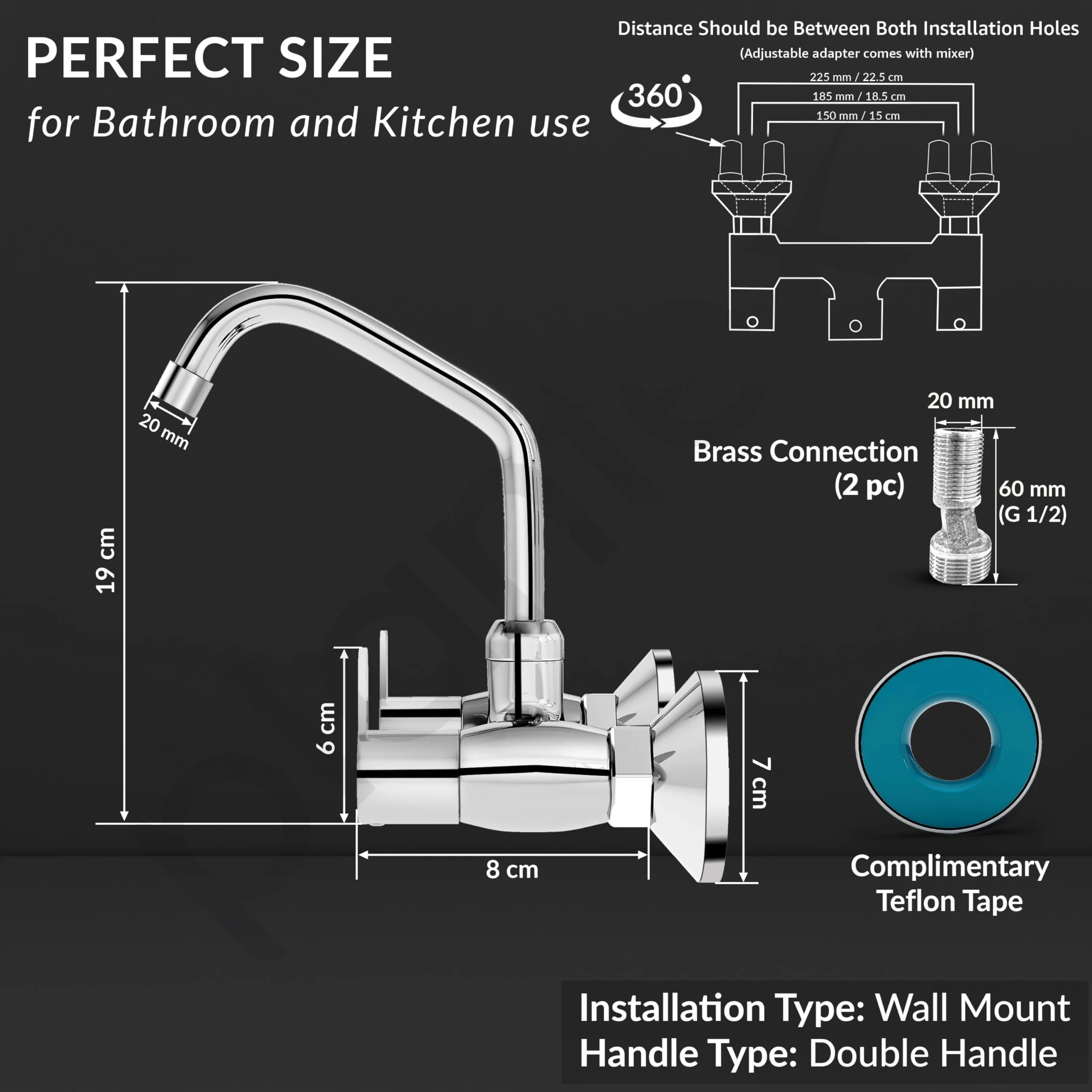 Plantex Pure Brass Kitchen Sink Tap with 360° Swivel Spout/Dual Handle Hot and Cold Water Tap for Kitchen/Sink Mixer with Brass Wall Flange and Teflon Tape (FLO-814-Chrome) - Image 4