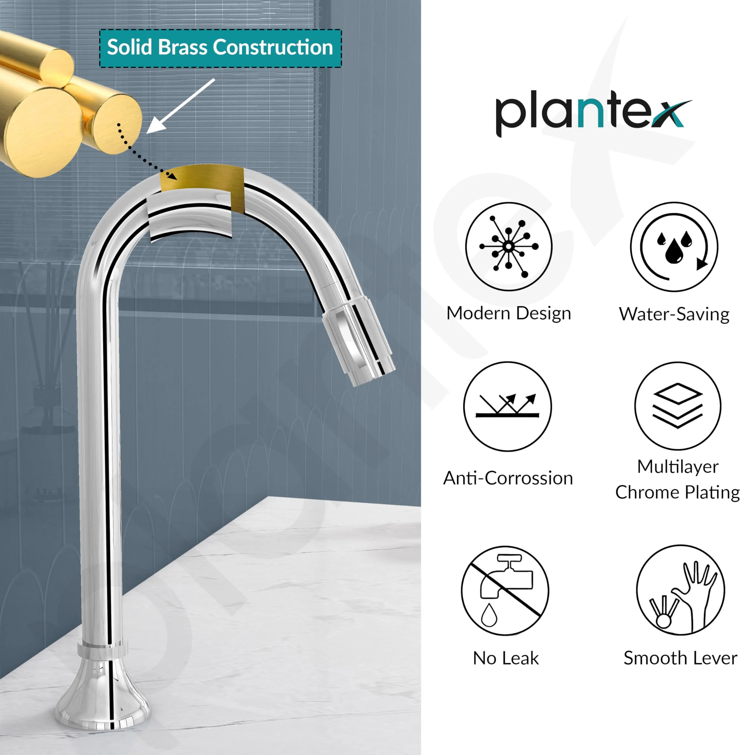 Plantex Pure Brass Mouth Flow Swan Neck Pillar Cock Water Tap with Teflon Tape/Tabletop Basin Tap with 7 Year Warranty (MAG-1204-Chrome) - Image 6