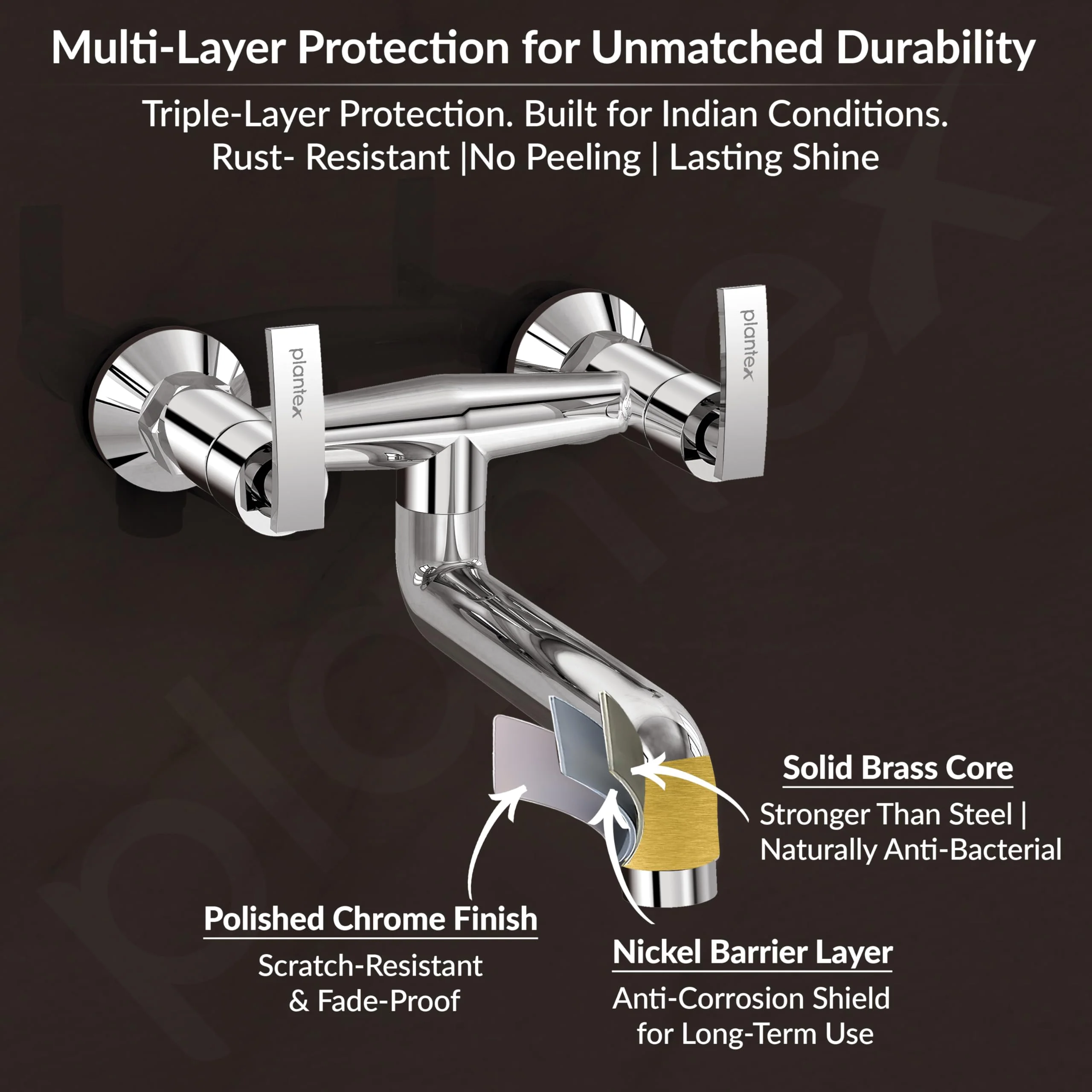 Plantex Pure Brass Non Telephonic Wall Mixer with Water Saving Nozzle/Hot and Cold Water Tap with Brass Wall Flange and Teflon Tape-7 Year Warranty (COL-1016-Chrome) - Image 5