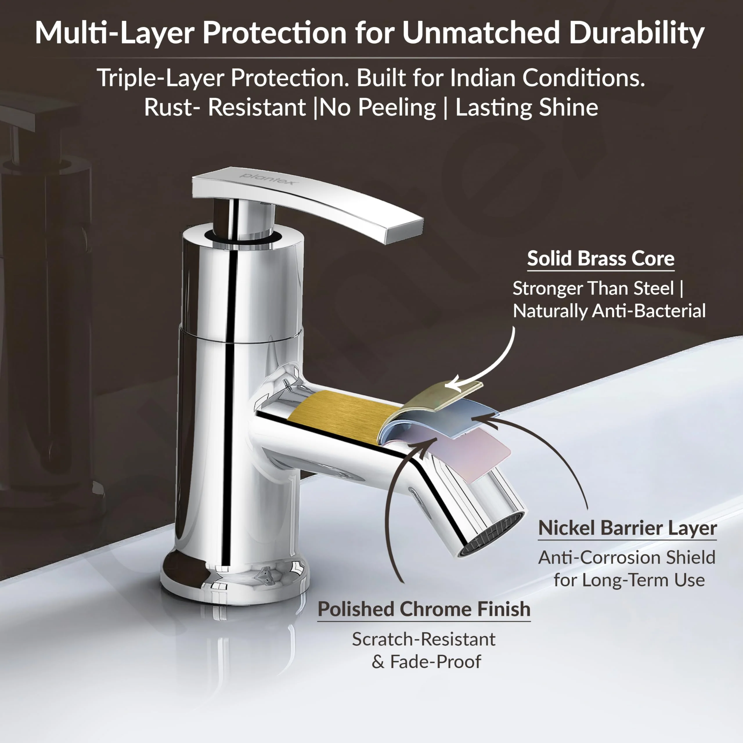 Plantex Pure Brass Pillar Tap for Wash Basin with Water Saving Aerator/Tabletop Basin Tap/7 Year Warranty (COL-1003-Mirror Chrome) - Image 5