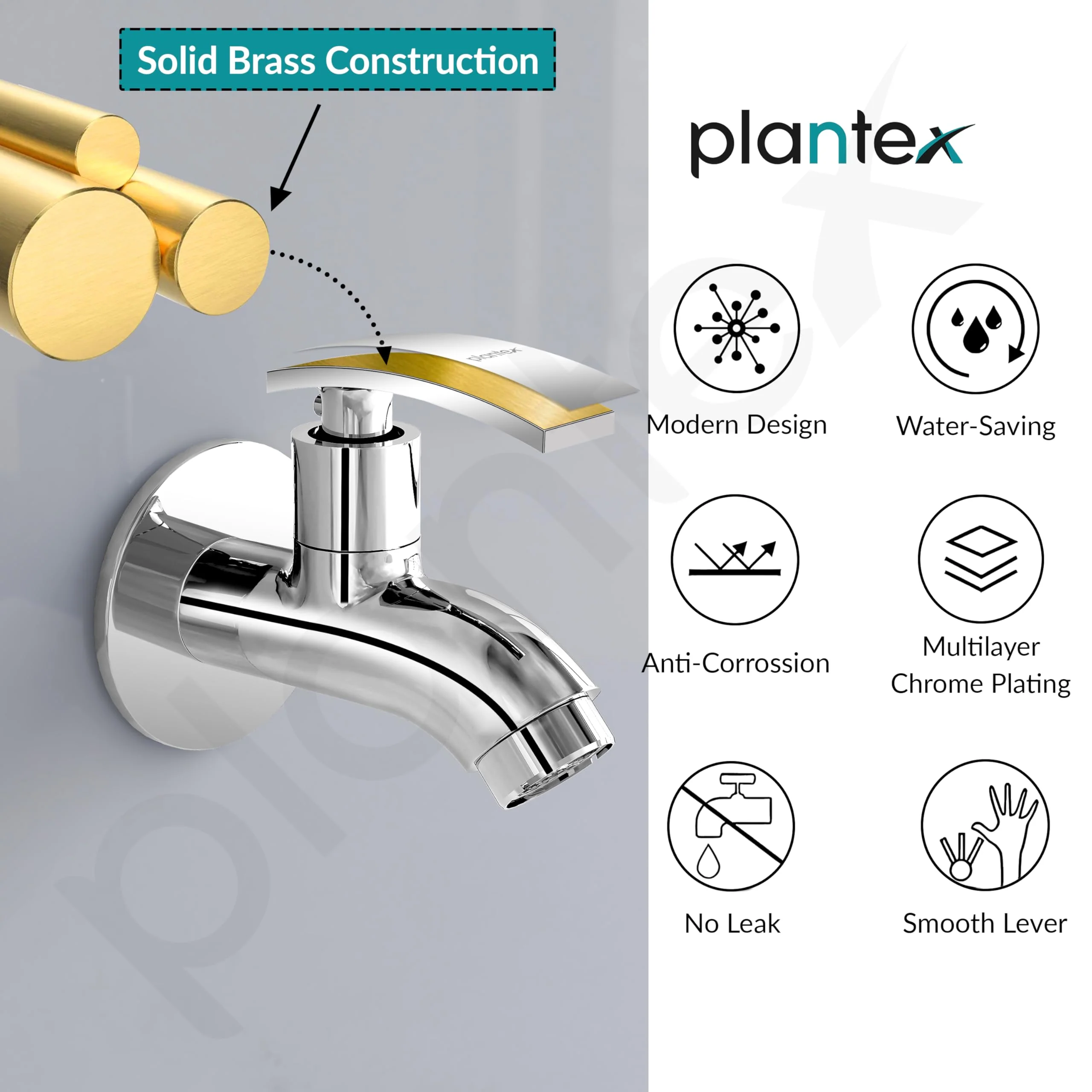 Plantex Pure Brass Single Lever Short Body Bib Tap with Water Saving Techonlogy Tap/Water Tap with Teflon Tape & Wall Flange for Bathroom (ZUR-1502, Chrome) - Image 6