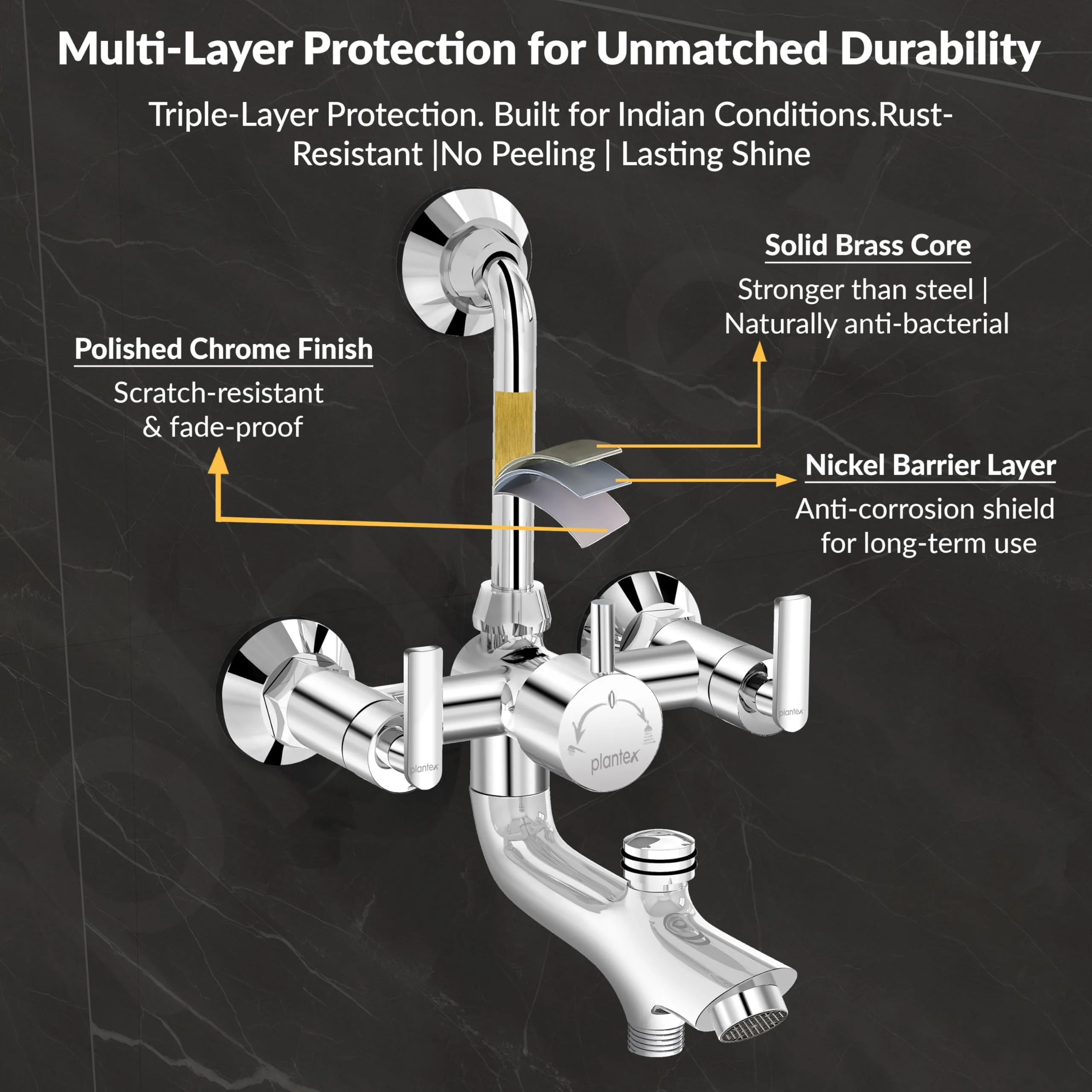Plantex Pure Brass Wall Mixer for Bathroom 3 in 1 with L-Bend Provision for Overhead and Hand Shower/Mixer Tap for Bathroom with Water Saving Nozzle and Brass Wall Flange (Bal-519-Chrome) - Image 5