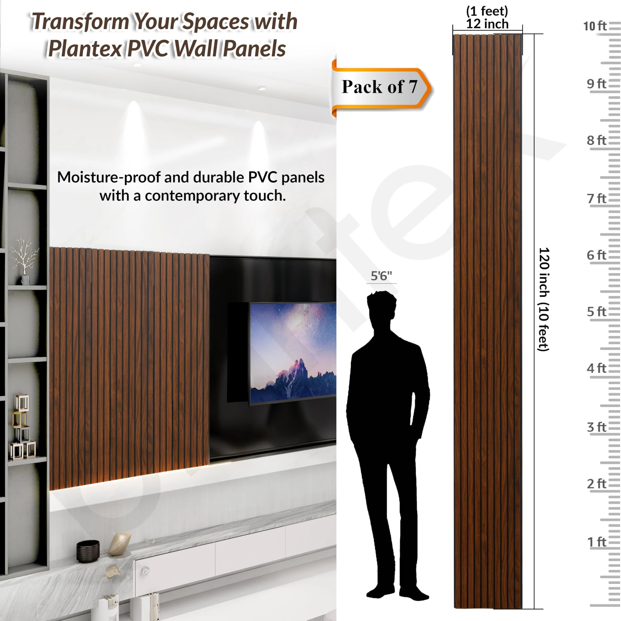Plantex PVC Wall Panel/Louvers Panel for Wall/3d Wall Panel for Interior Wall Décor/Eco-Friendly Fluted Panel for Wall/- Pack of 7,Covers - 70 Sq. Ft (Teak Brown-12 Inch x 10 Ft) - Image 2